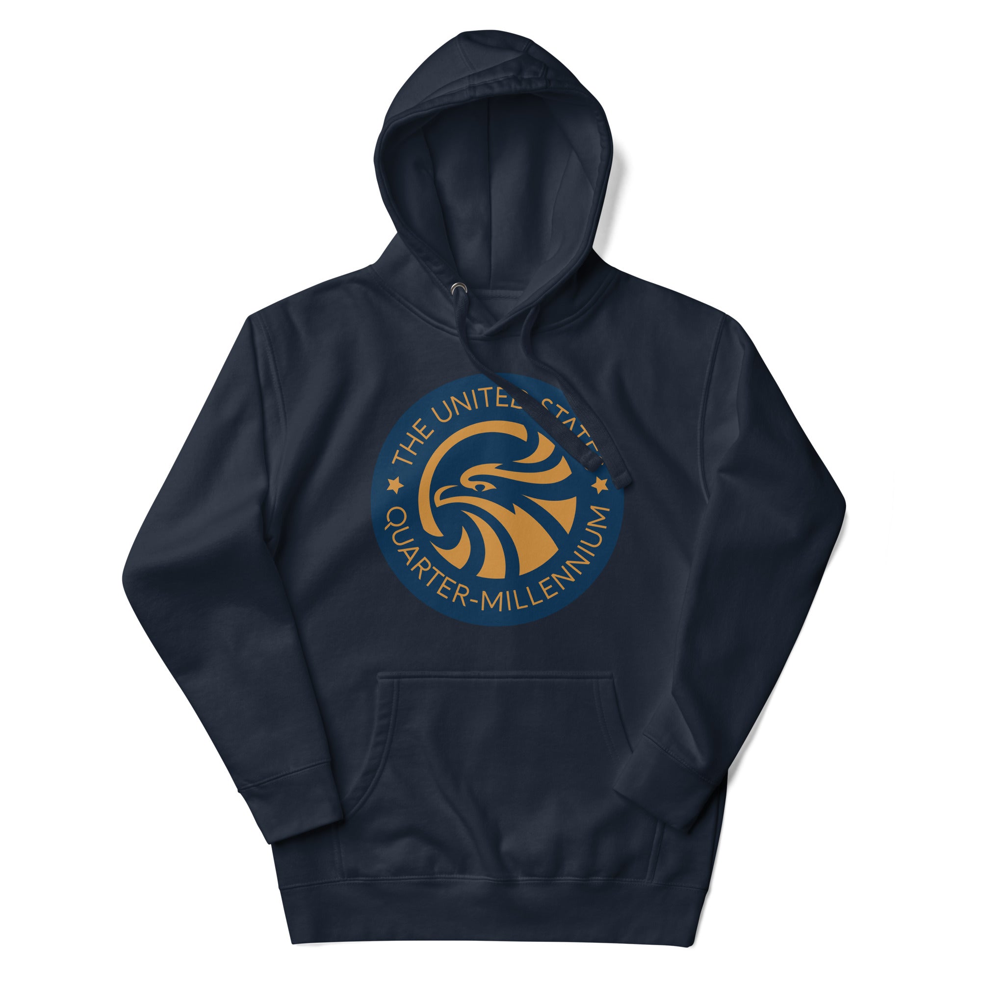 a navy hoodie with a yellow and blue eagle on it