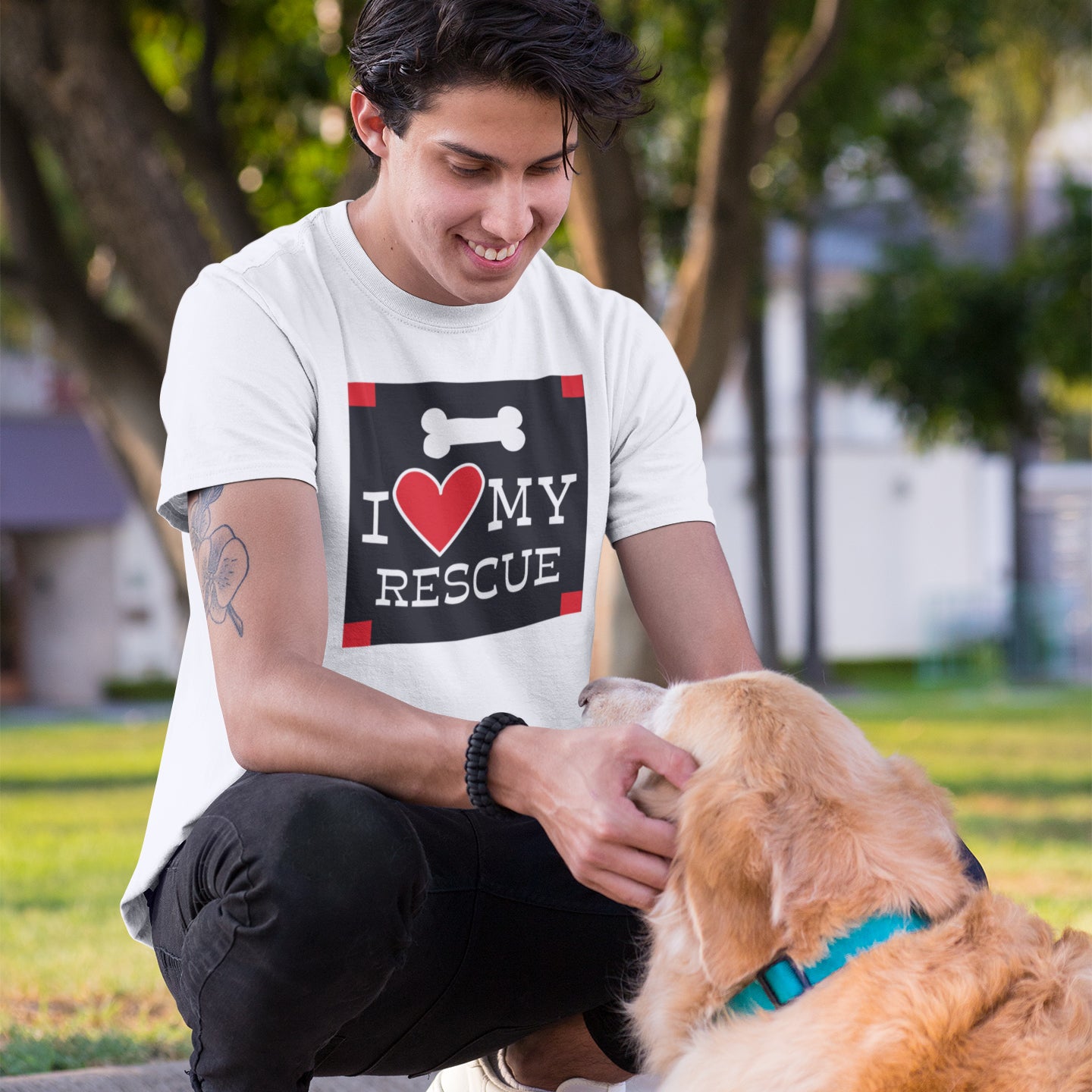 a man petting a dog on the side of a road