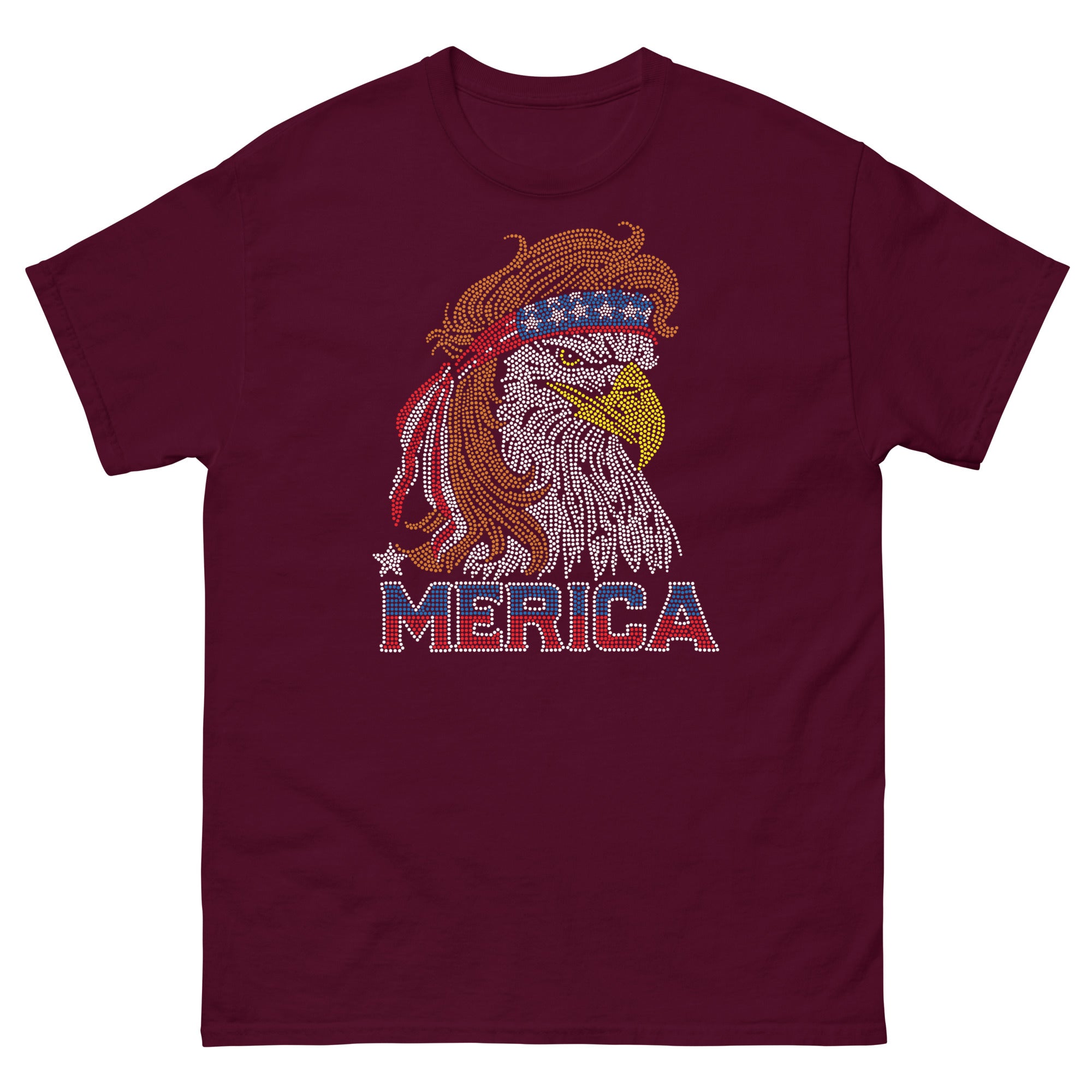 a maroon t - shirt with an eagle on it