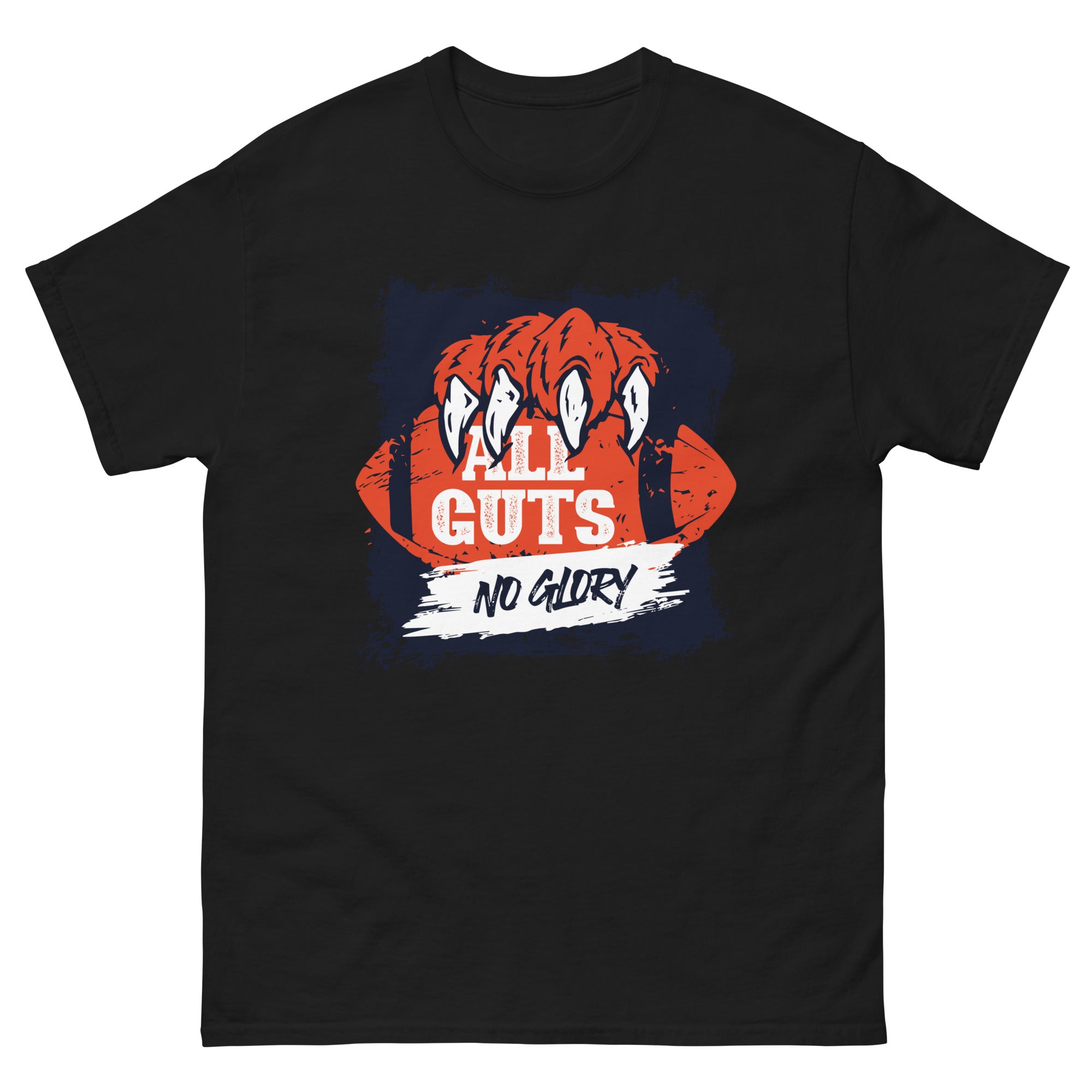 a black t - shirt with an orange and white football with the words all guts