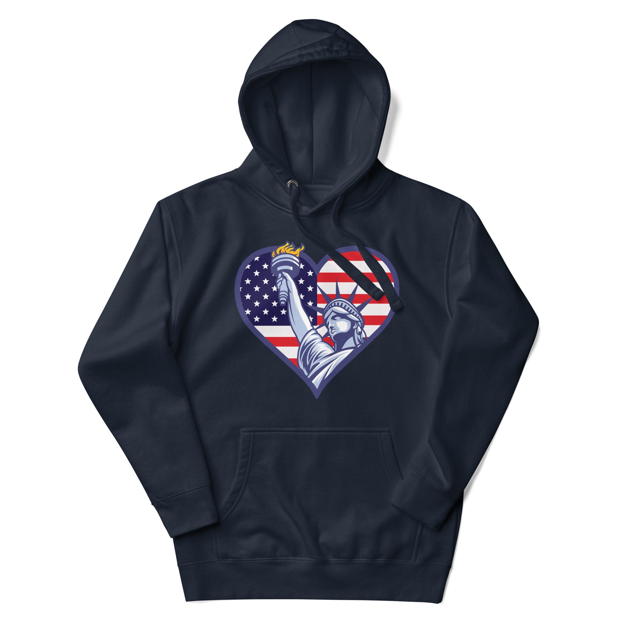 a navy hoodie with the american flag and a statue of liberty on it