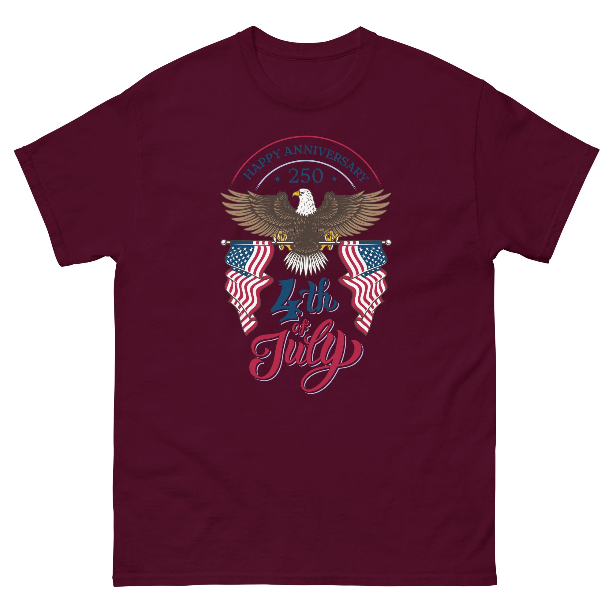 a maroon t - shirt with an eagle and an american flag