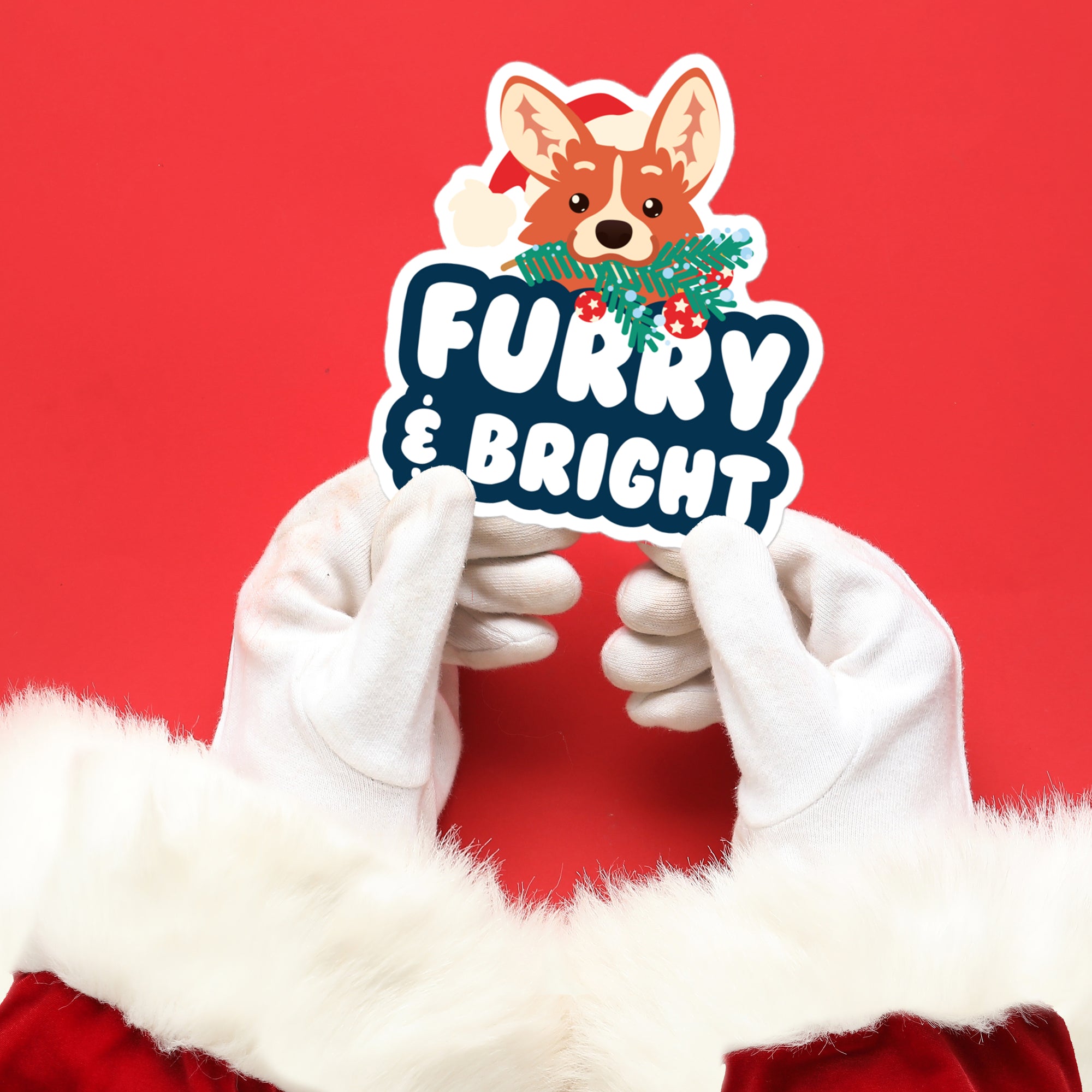 a person in a santa suit holding up a furry and bright sticker