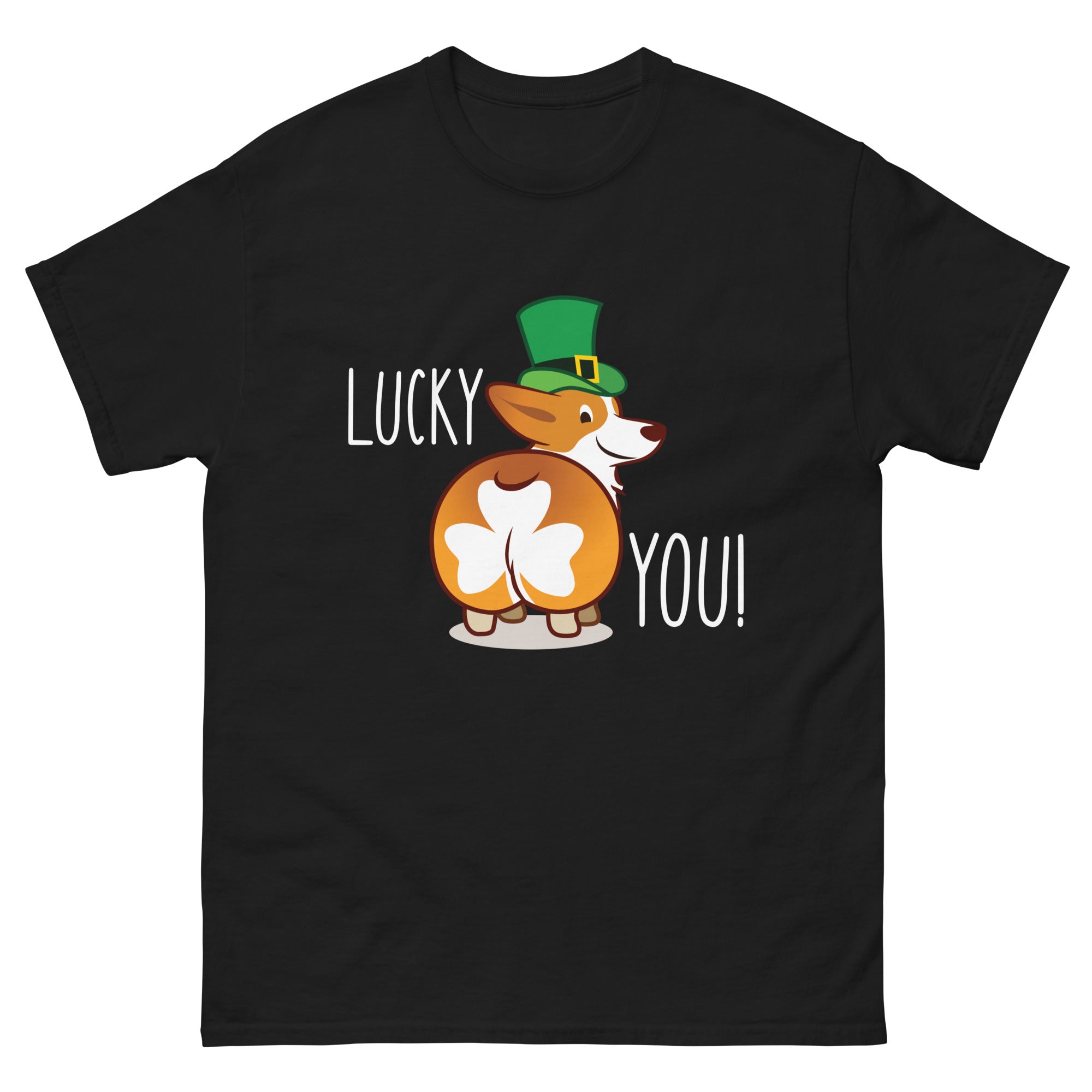 a black t - shirt with an image of a dog wearing a green hat and