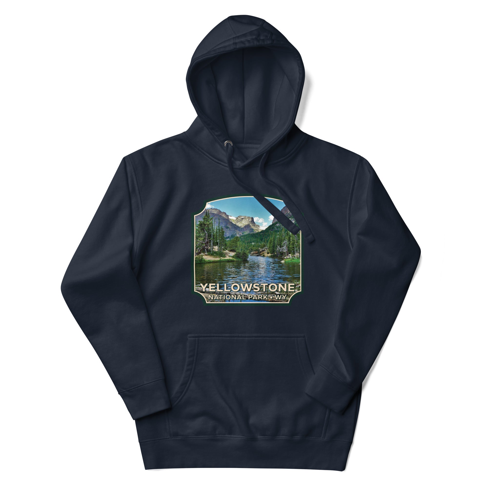 a hoodie with a picture of a lake and mountains