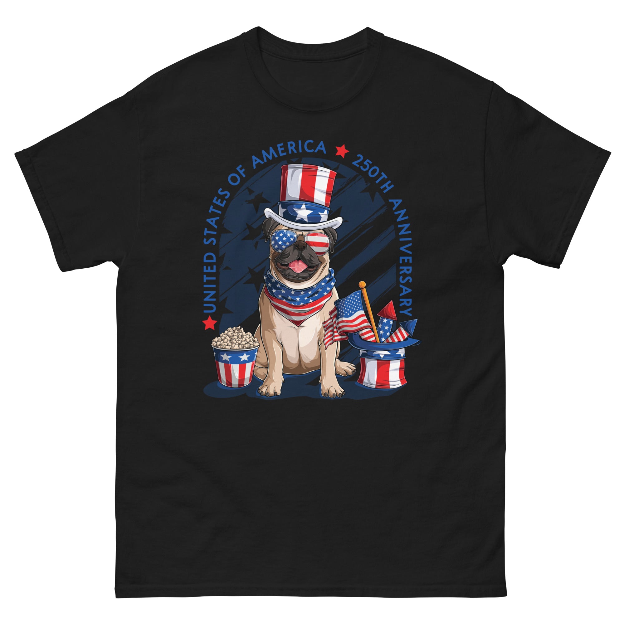 a black t - shirt with a pug wearing a patriotic hat and popcorn