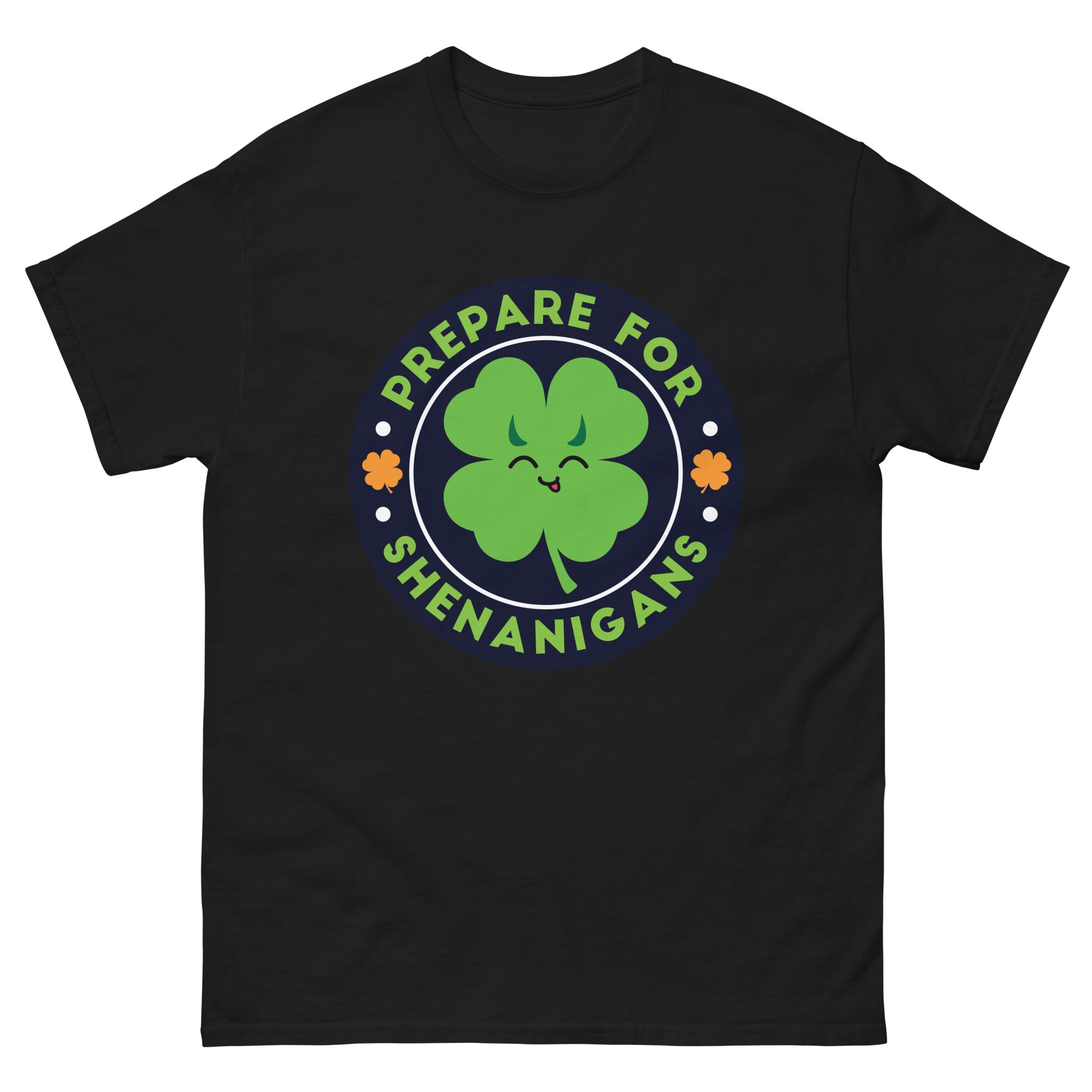 a black t - shirt with a shamrock on it