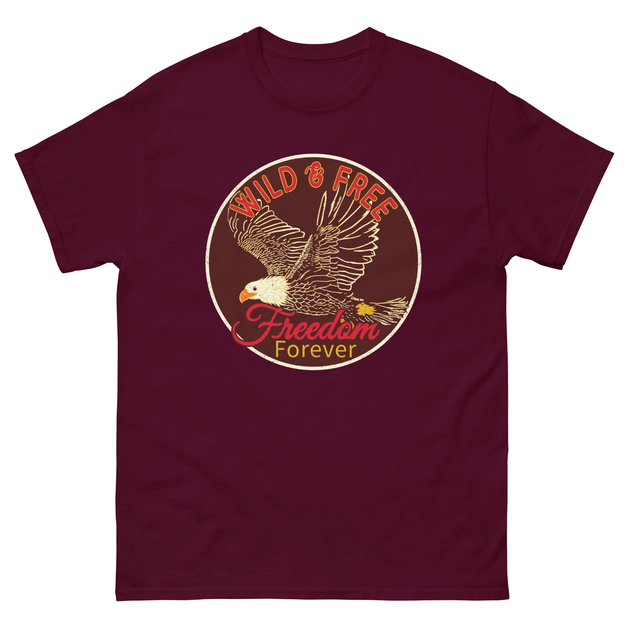 a maroon t - shirt with an eagle flying over it