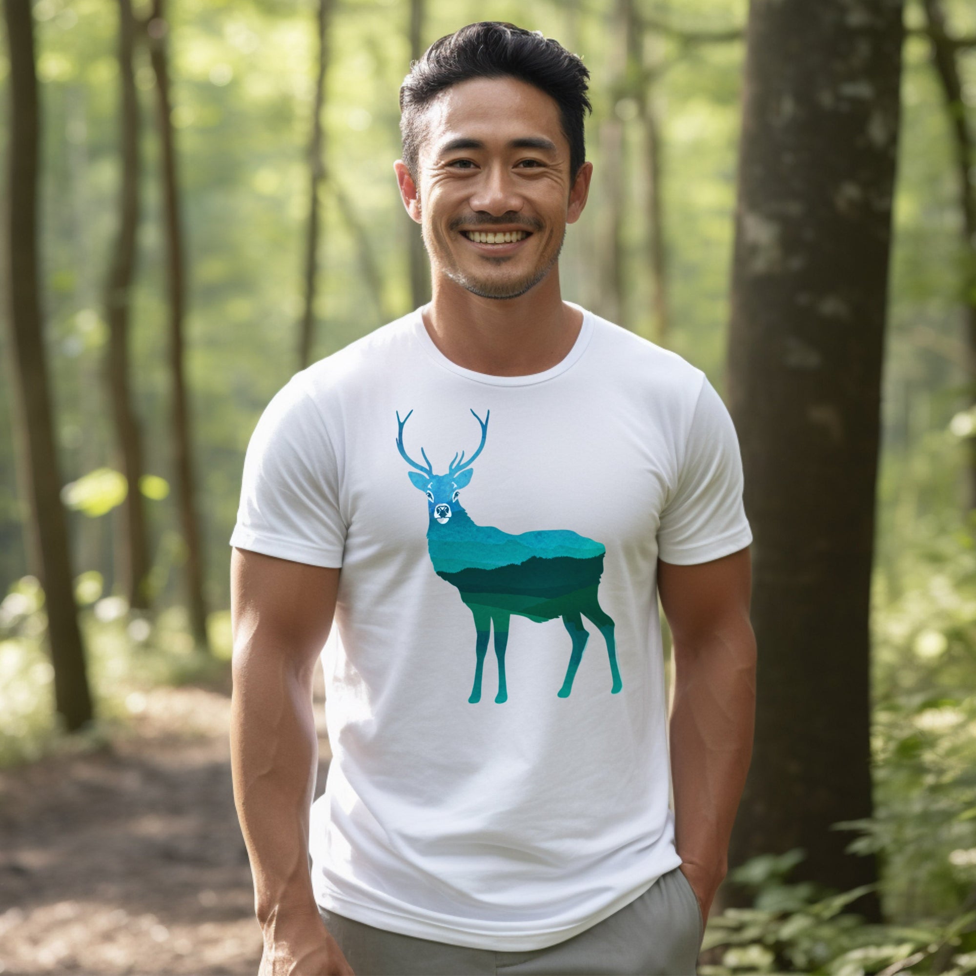 a man standing in the woods with a deer t - shirt on