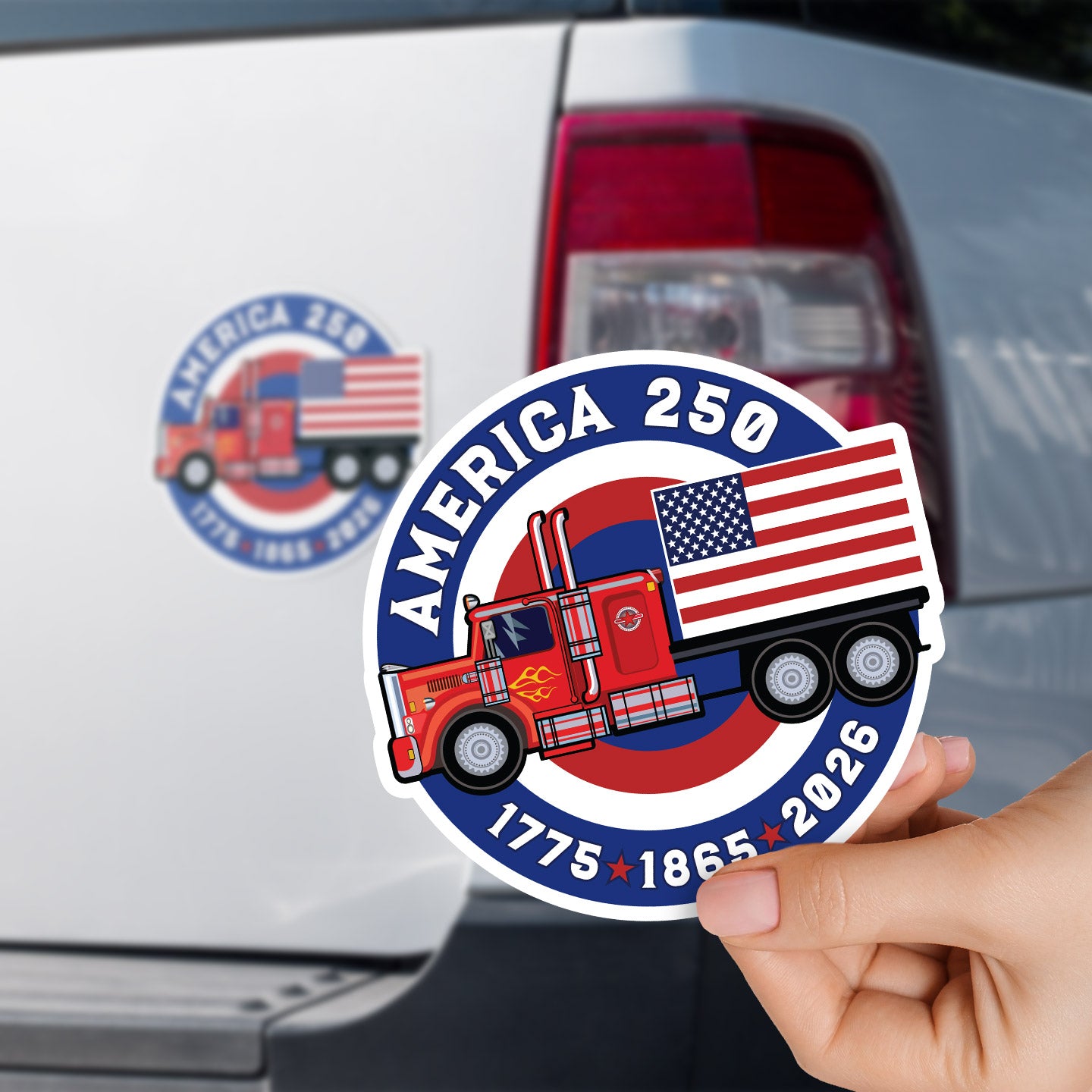 a sticker of a truck with an american flag on it