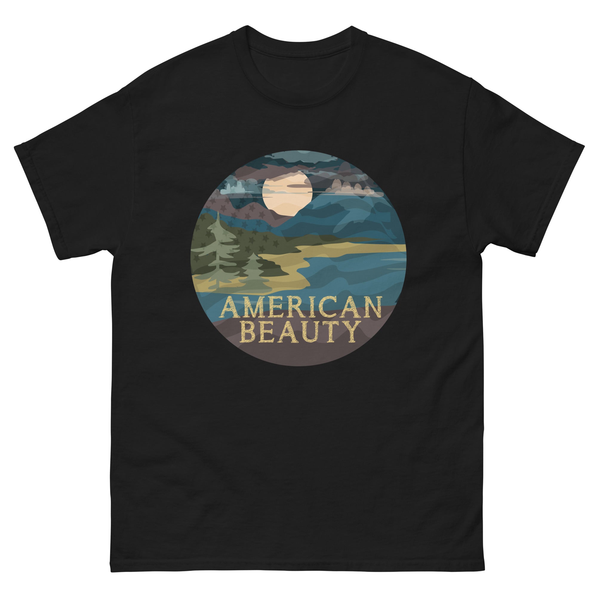 a black american beauty t - shirt with mountains and trees in the background