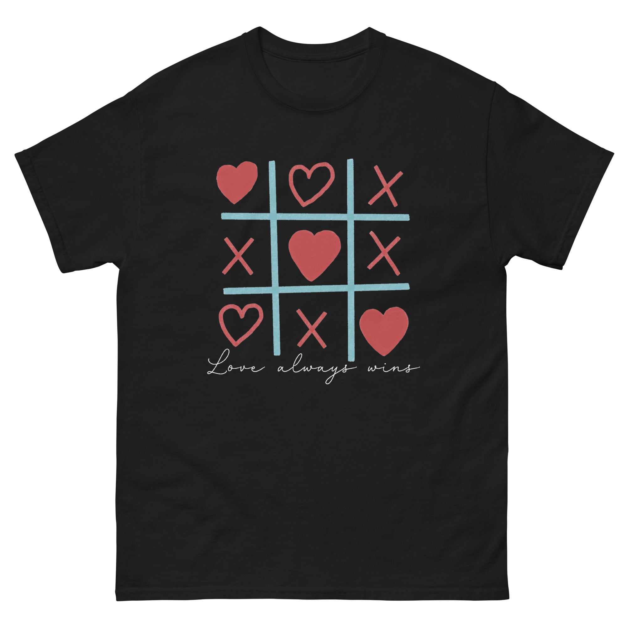 a black t - shirt with hearts and crosses on it