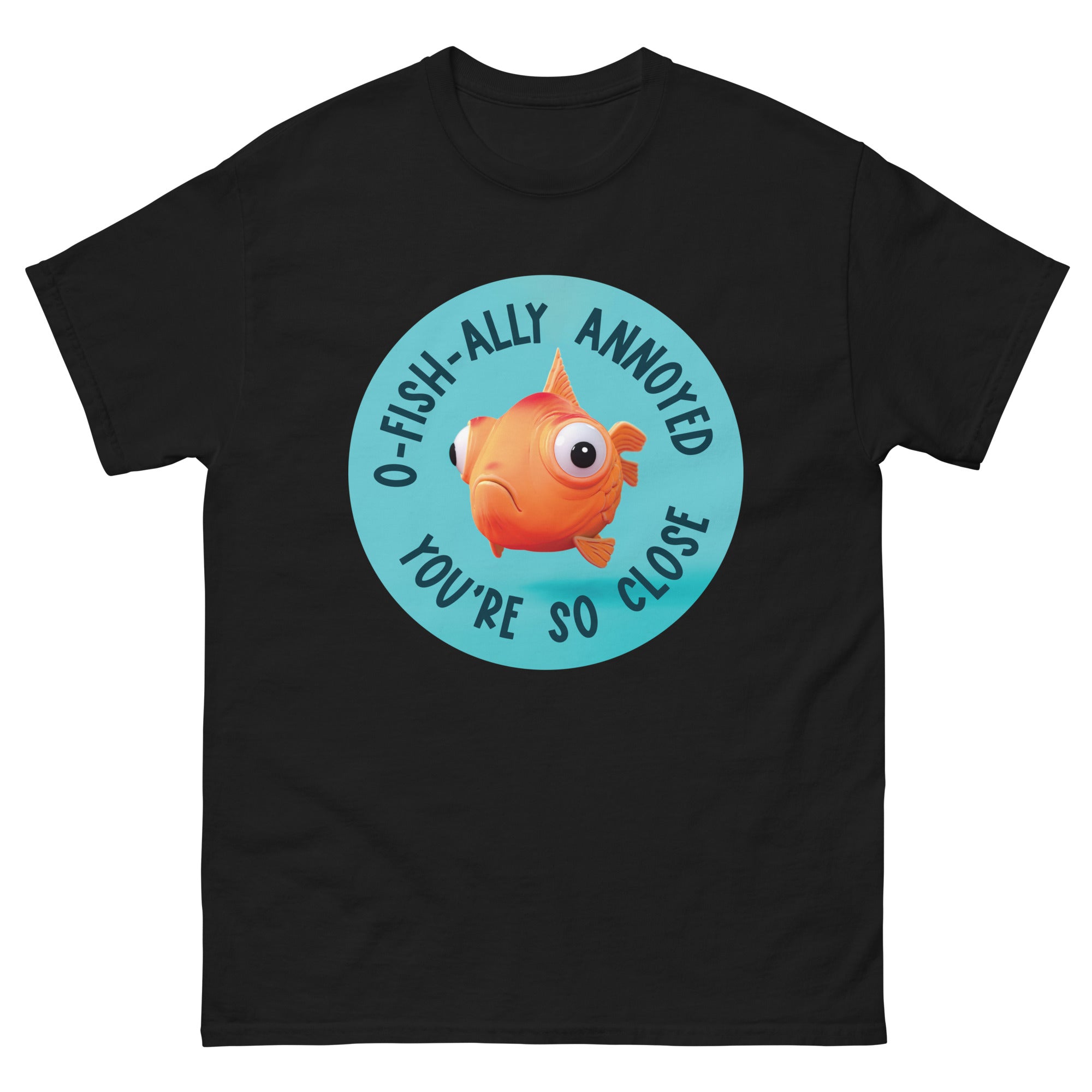 a black t - shirt with an orange fish on it