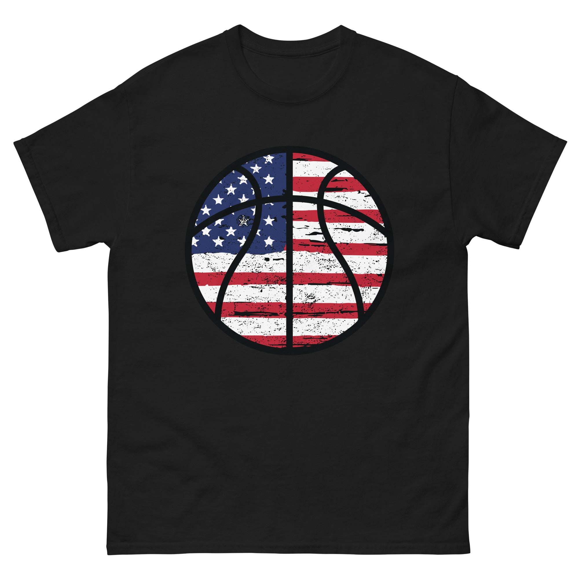 a black t - shirt with an american flag basketball ball on it