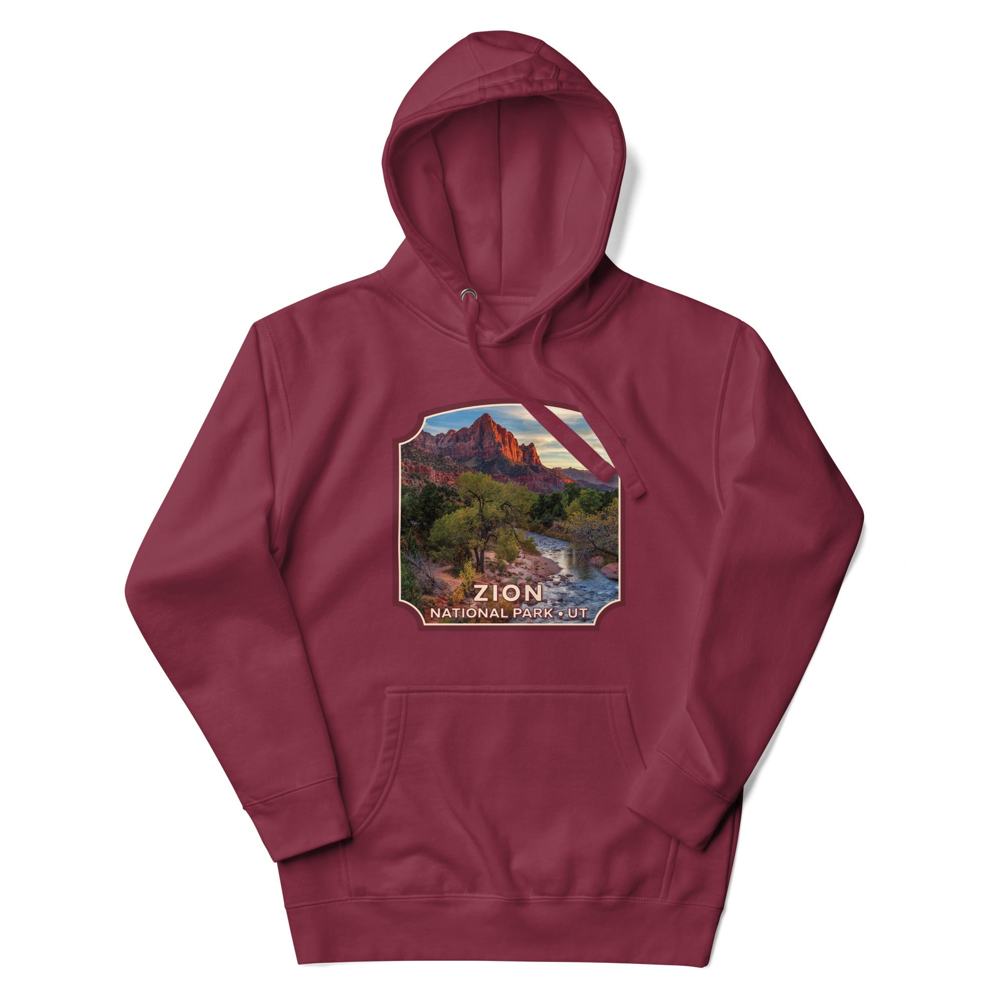 a maroon hoodie with a picture of a river and mountains