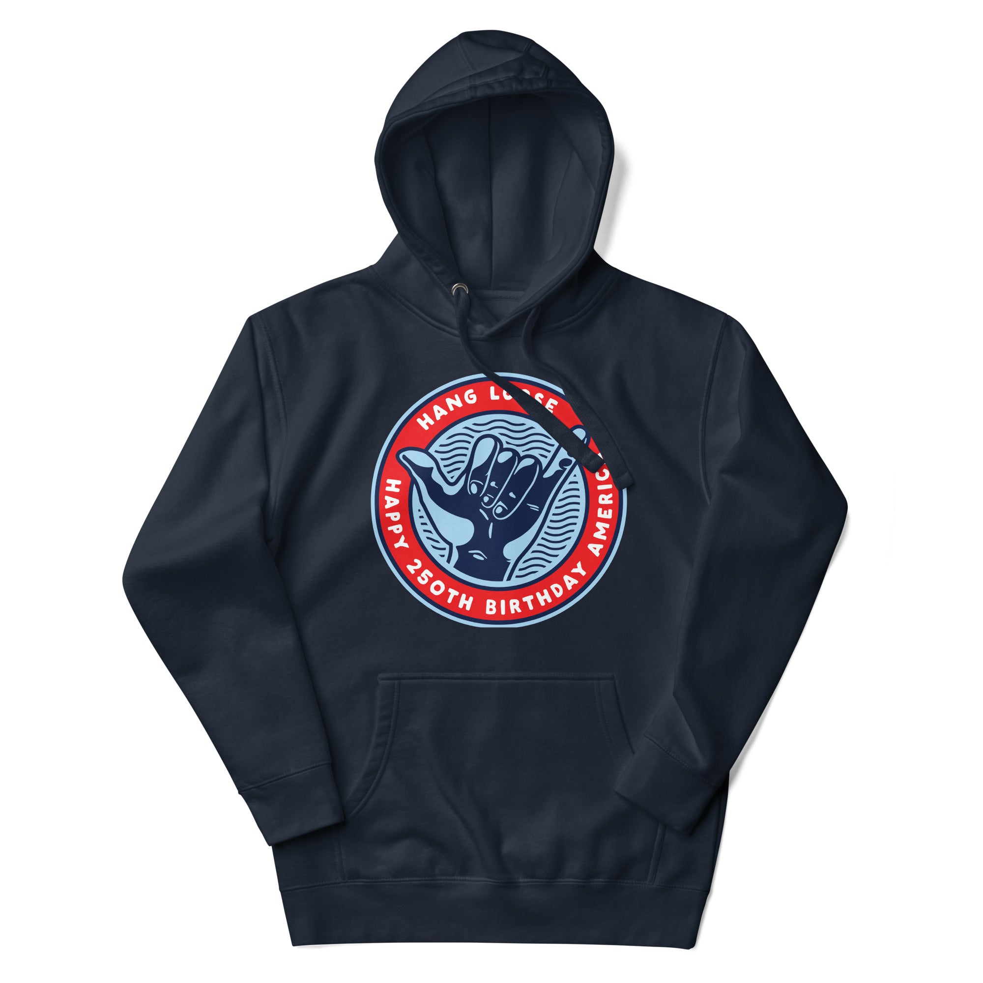 a dark blue hoodie with a red, white and blue logo