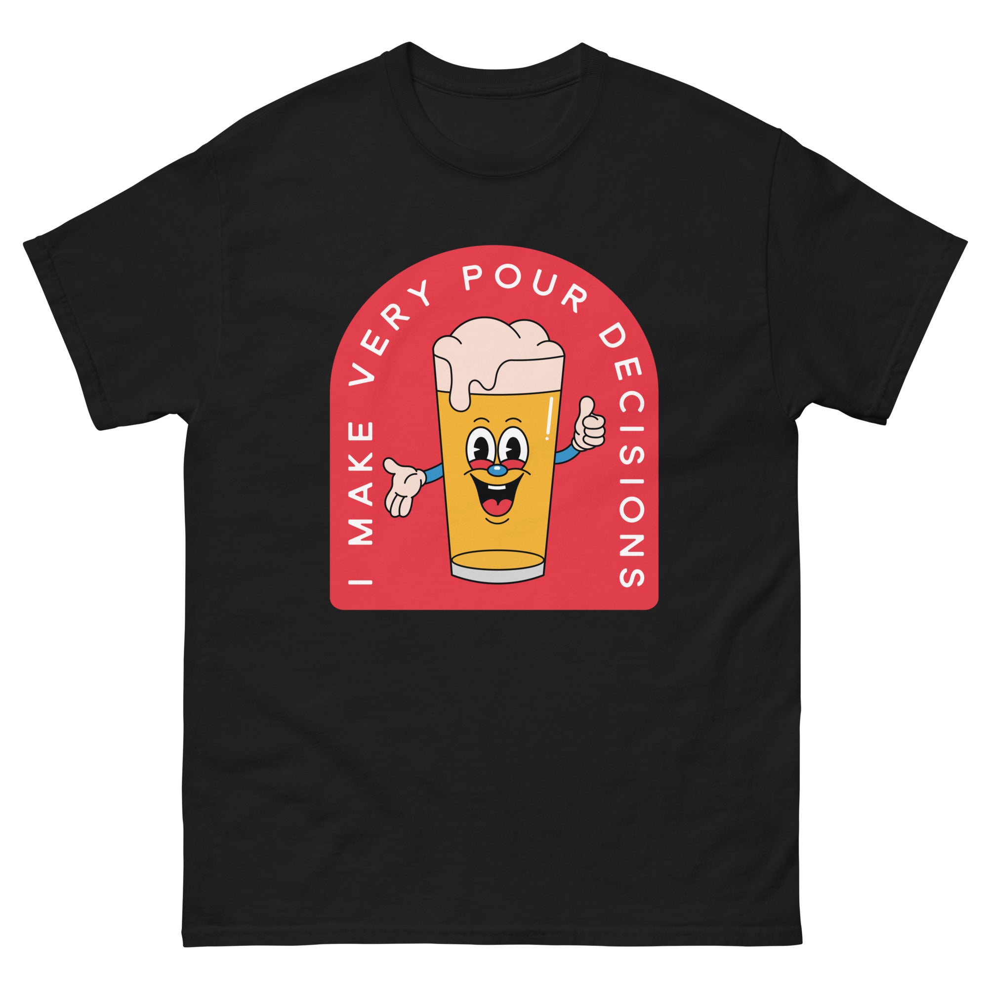 a black t - shirt with an image of a glass of beer