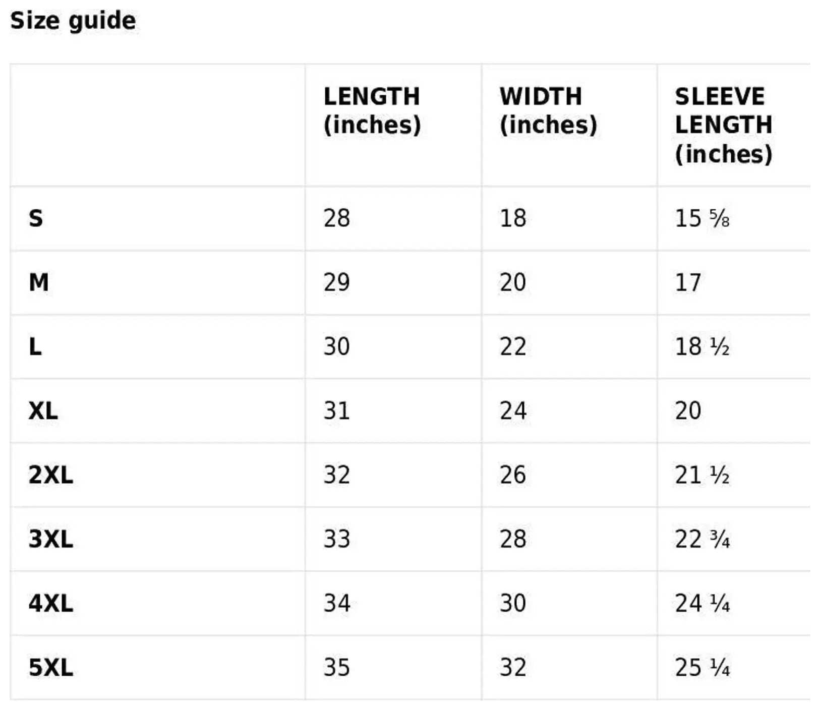 The image is a size guide that provides measurements for different sleeve lengths in inches. It includes sleeves of various sizes, ranging from 28 to 35 inches, and displays the corresponding widths in inches.