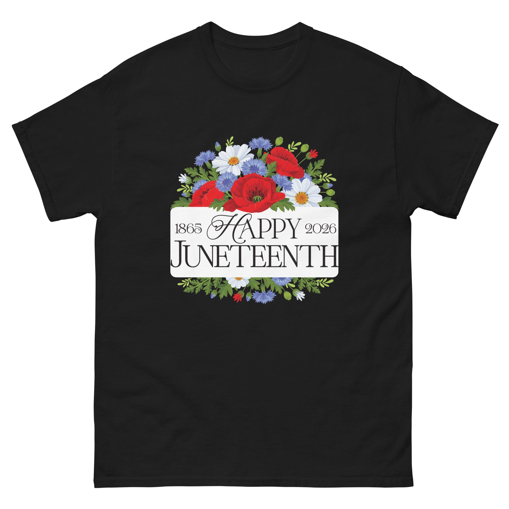 a black t - shirt with the words happy juneteeth printed on it
