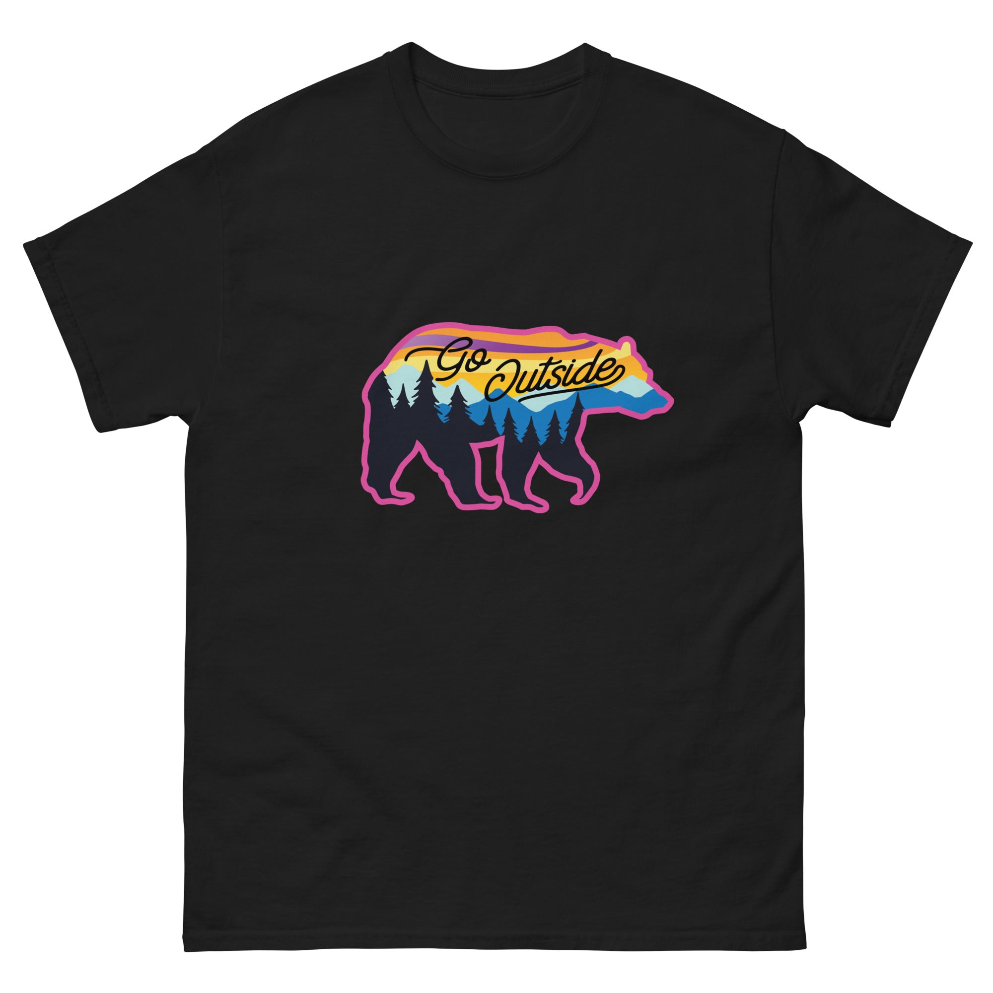 a black t - shirt with a bear and mountains on it