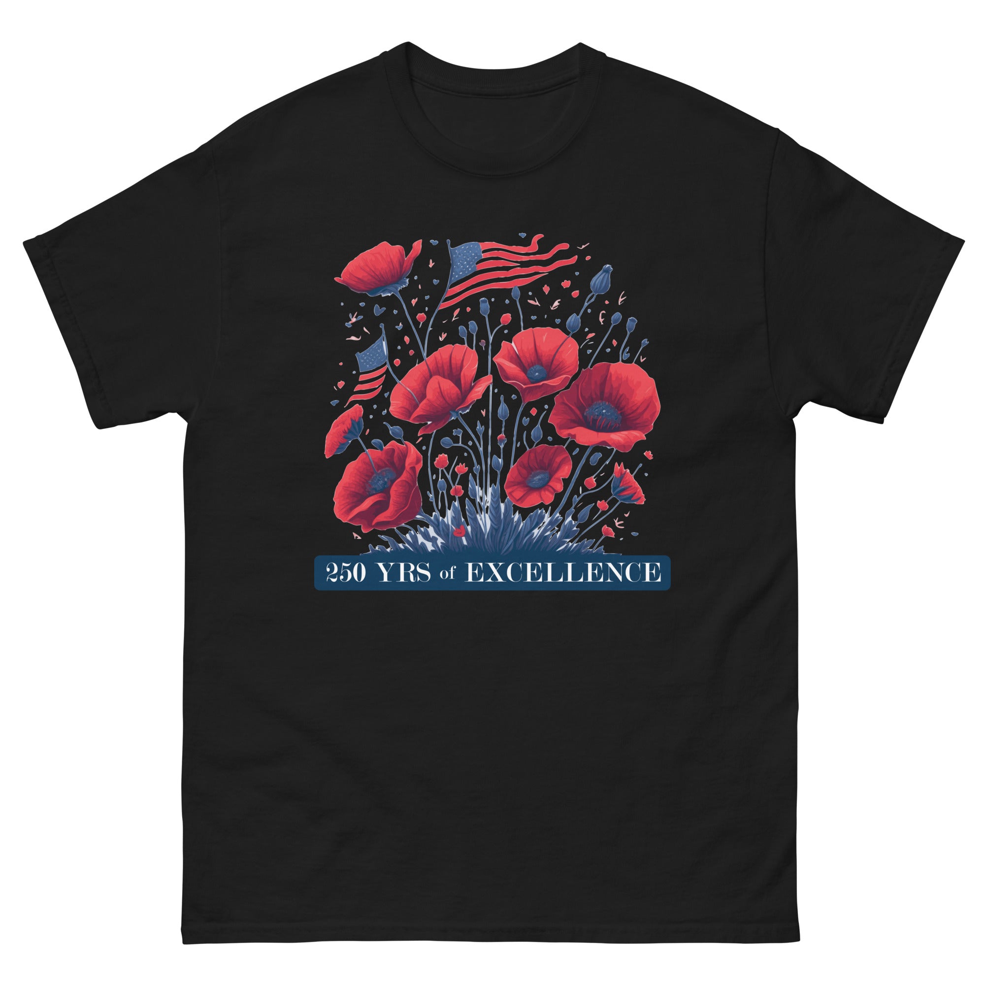 a black t - shirt with red flowers on it