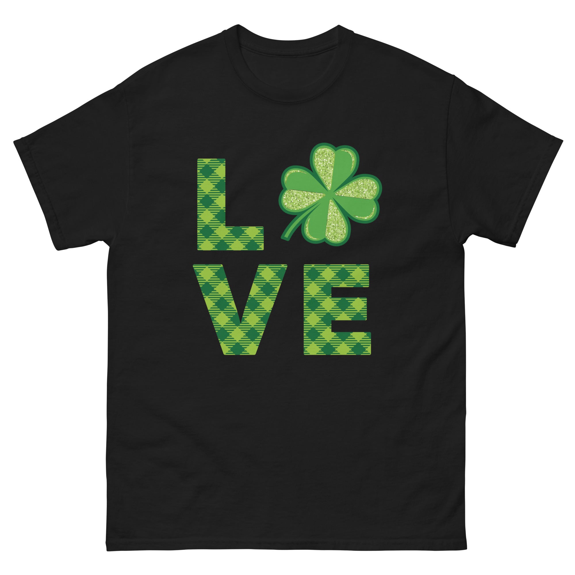 a black t - shirt with a shamrock and the word love