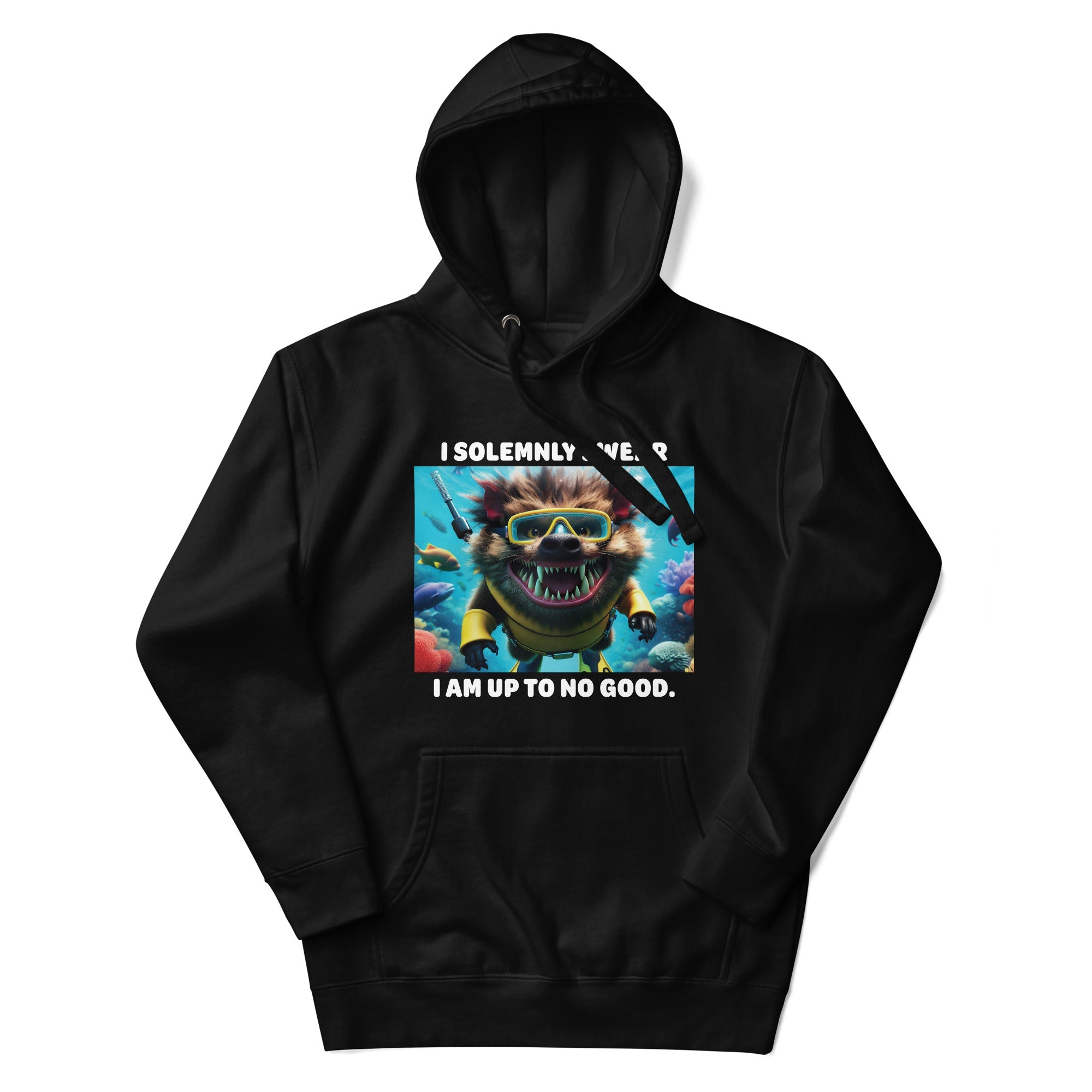 a black hoodie with a picture of a demon on it