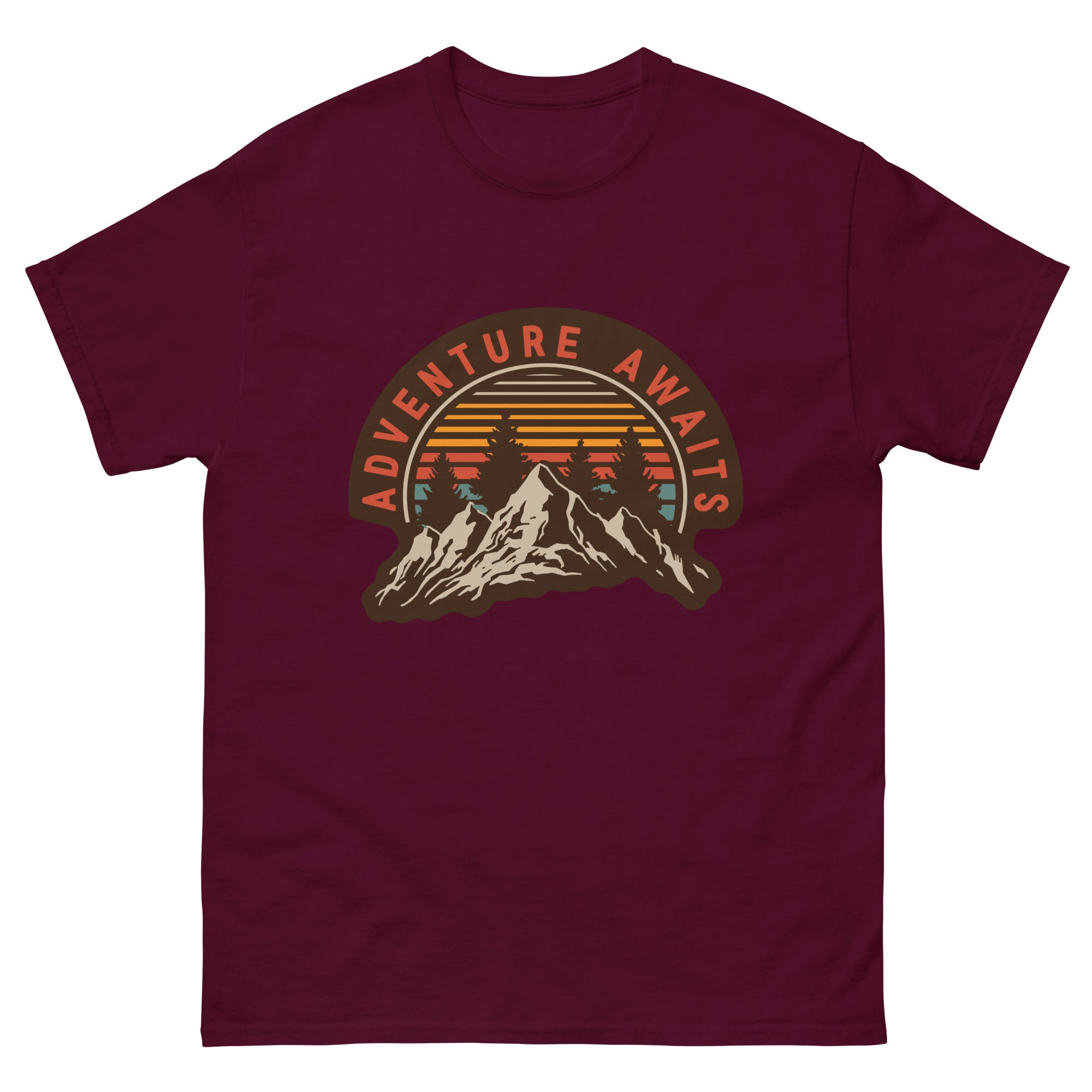 a maroon adventure await t - shirt with mountains in the background