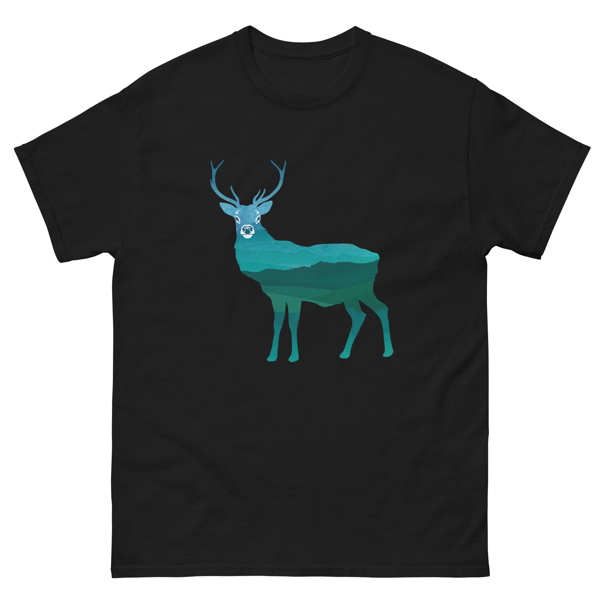 a black t - shirt with an image of a deer