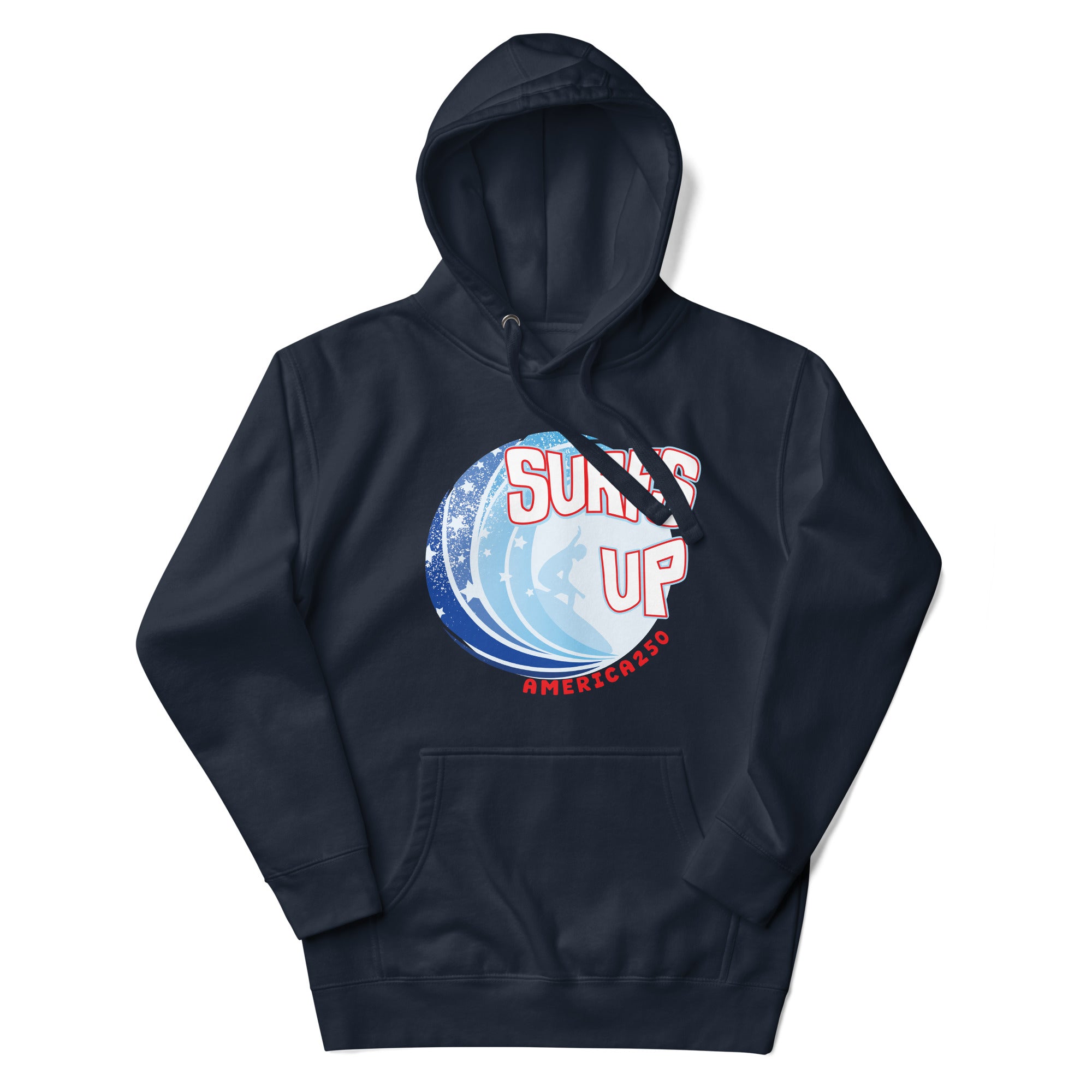 a blue hoodie with the words surf up on it