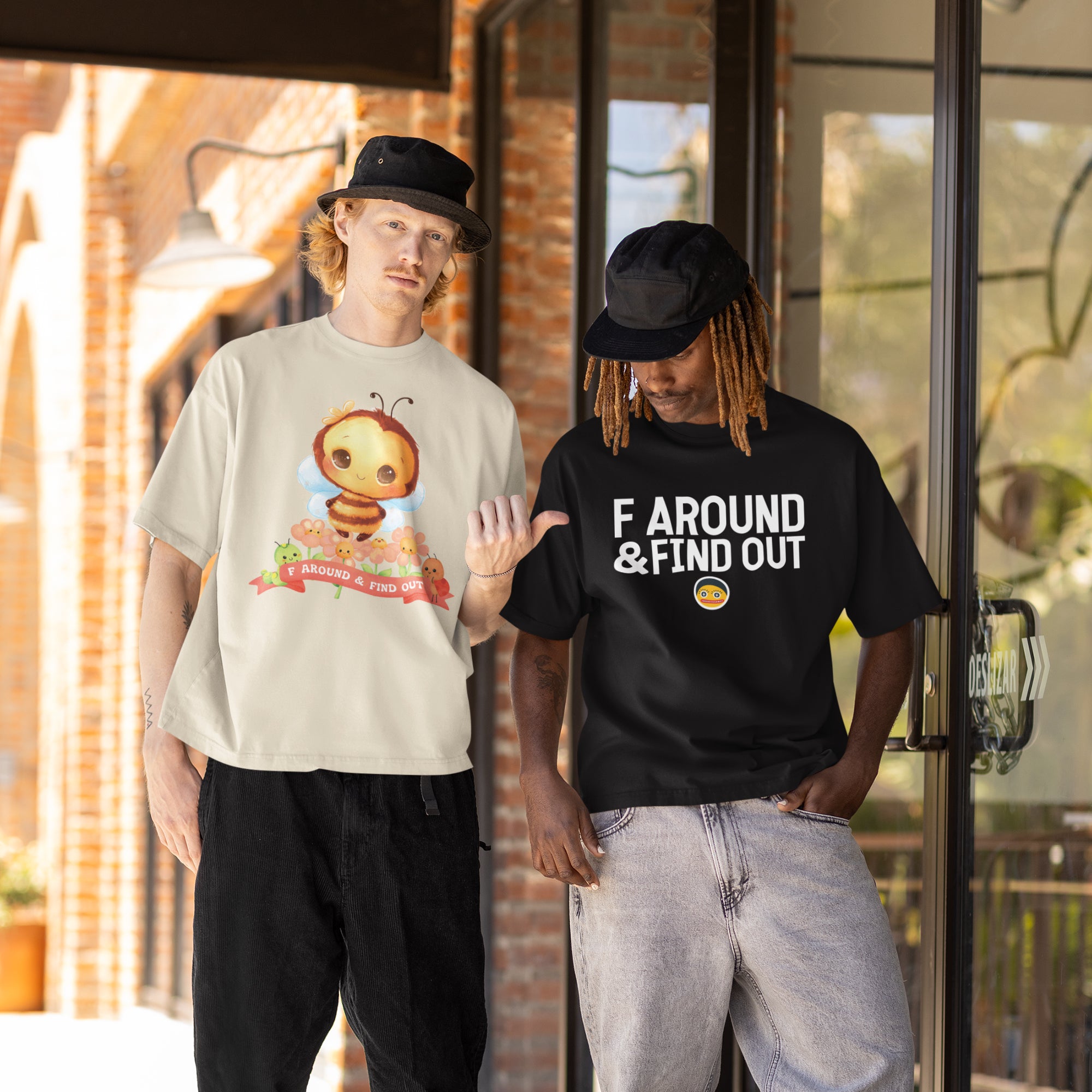Two young men standing outside a building, one wearing a t-shirt with a cartoon bee and the other wearing a black t-shirt with the text "F AROUND & FIND OUT".