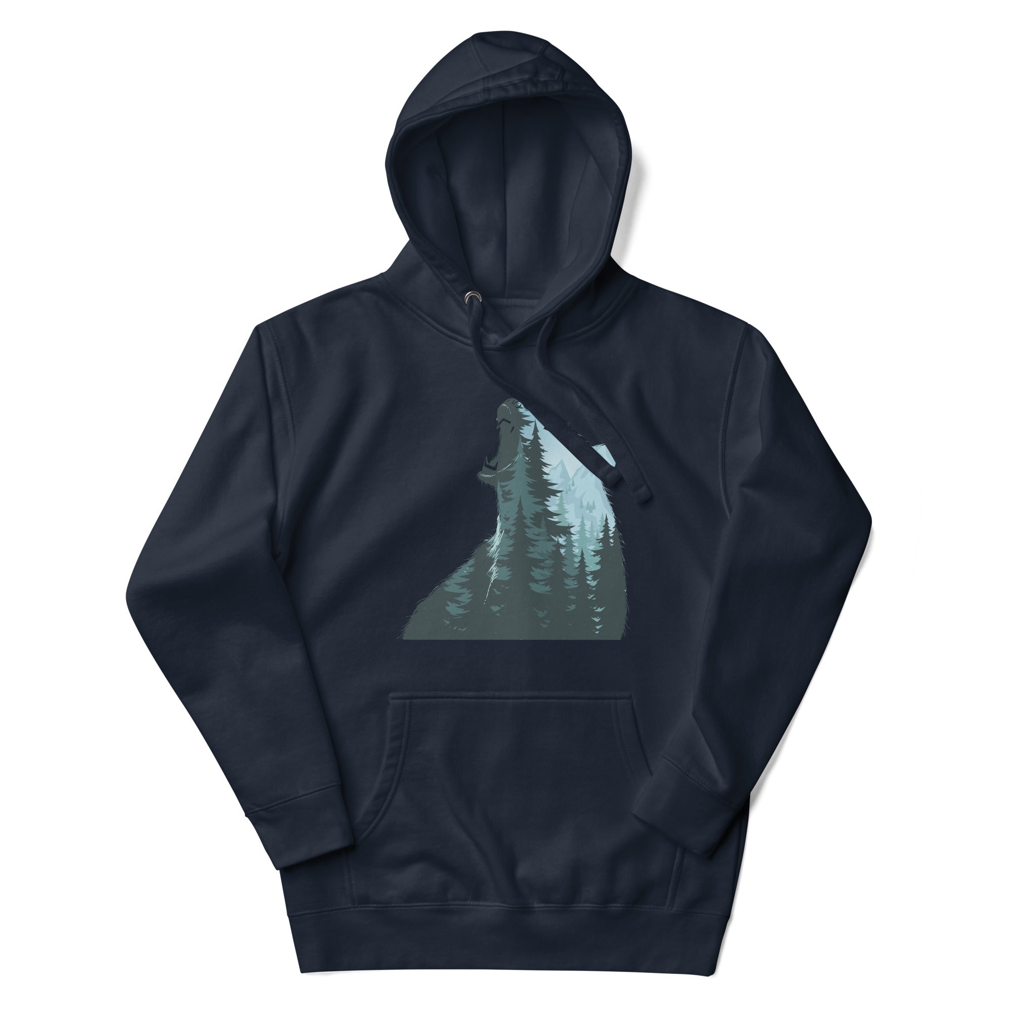 a dark blue hoodie with a wolf in the woods