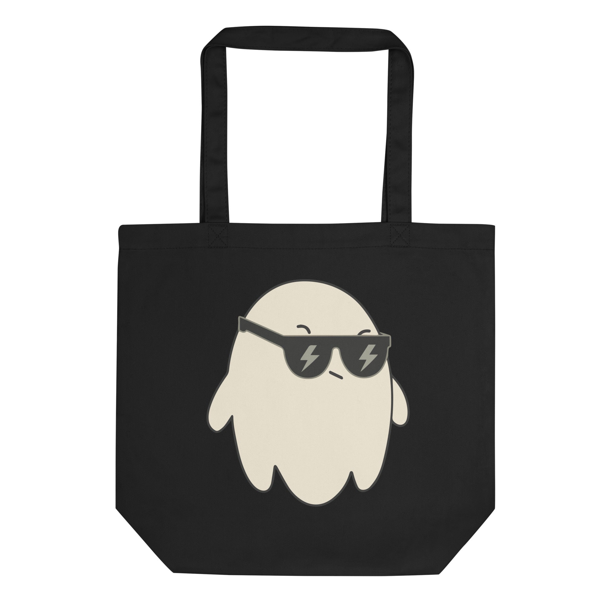 a black bag with a white ghost wearing sunglasses