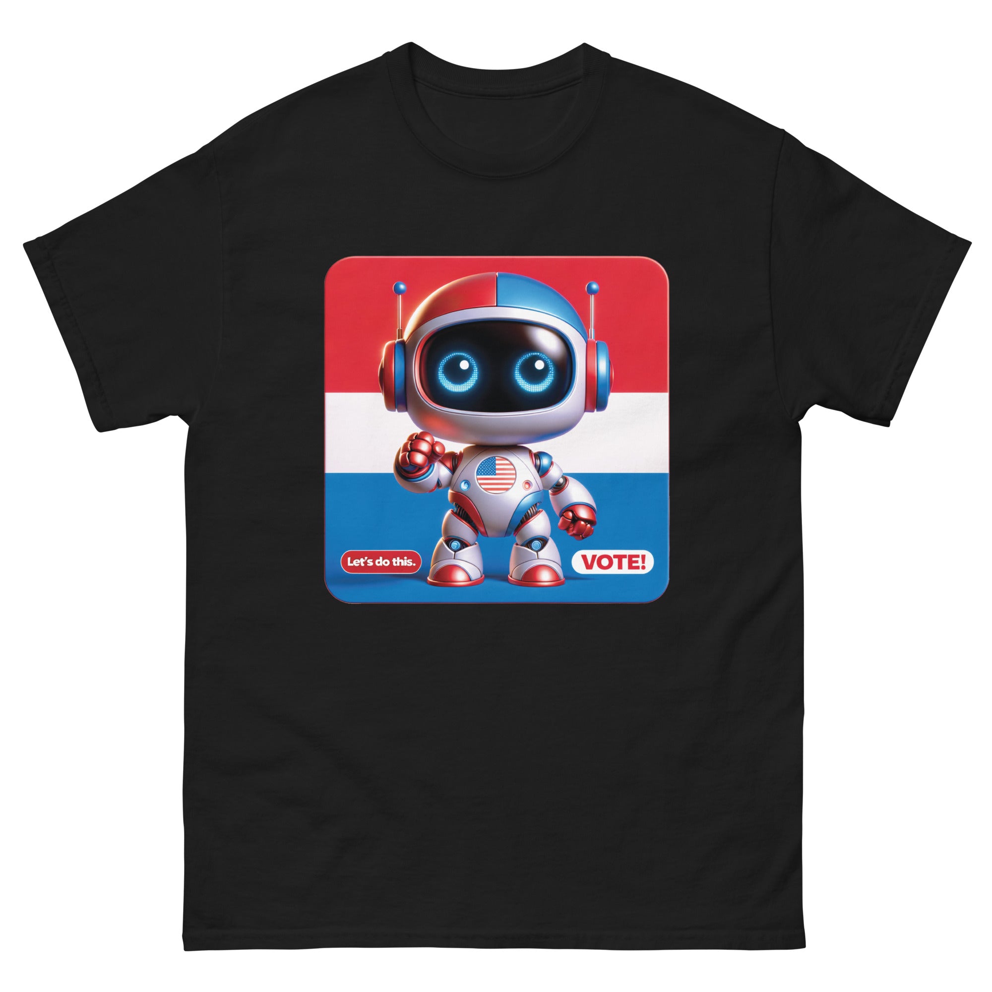 a black t - shirt with an image of a robot wearing headphones