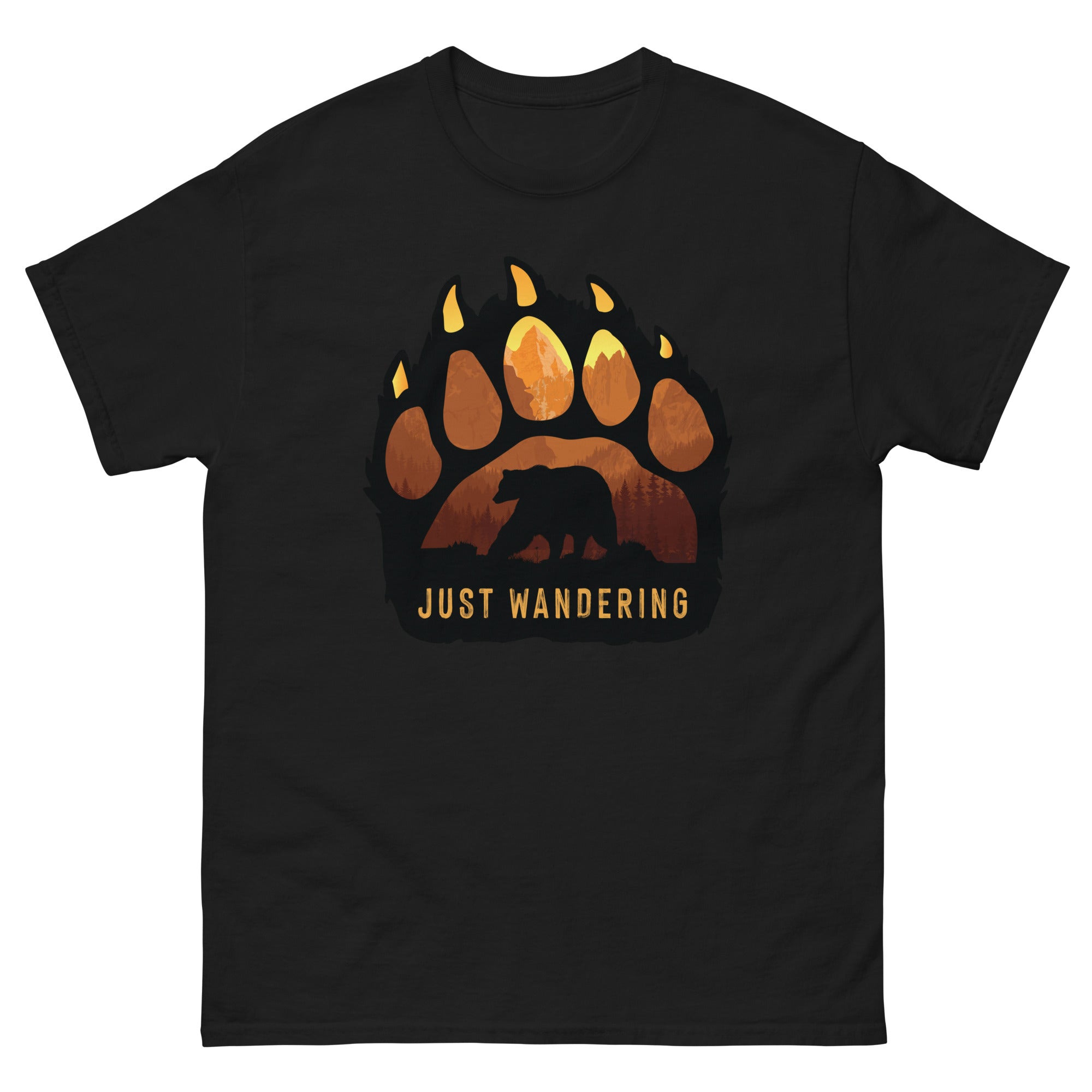 a black t - shirt with a bear's paw and the words just wandering