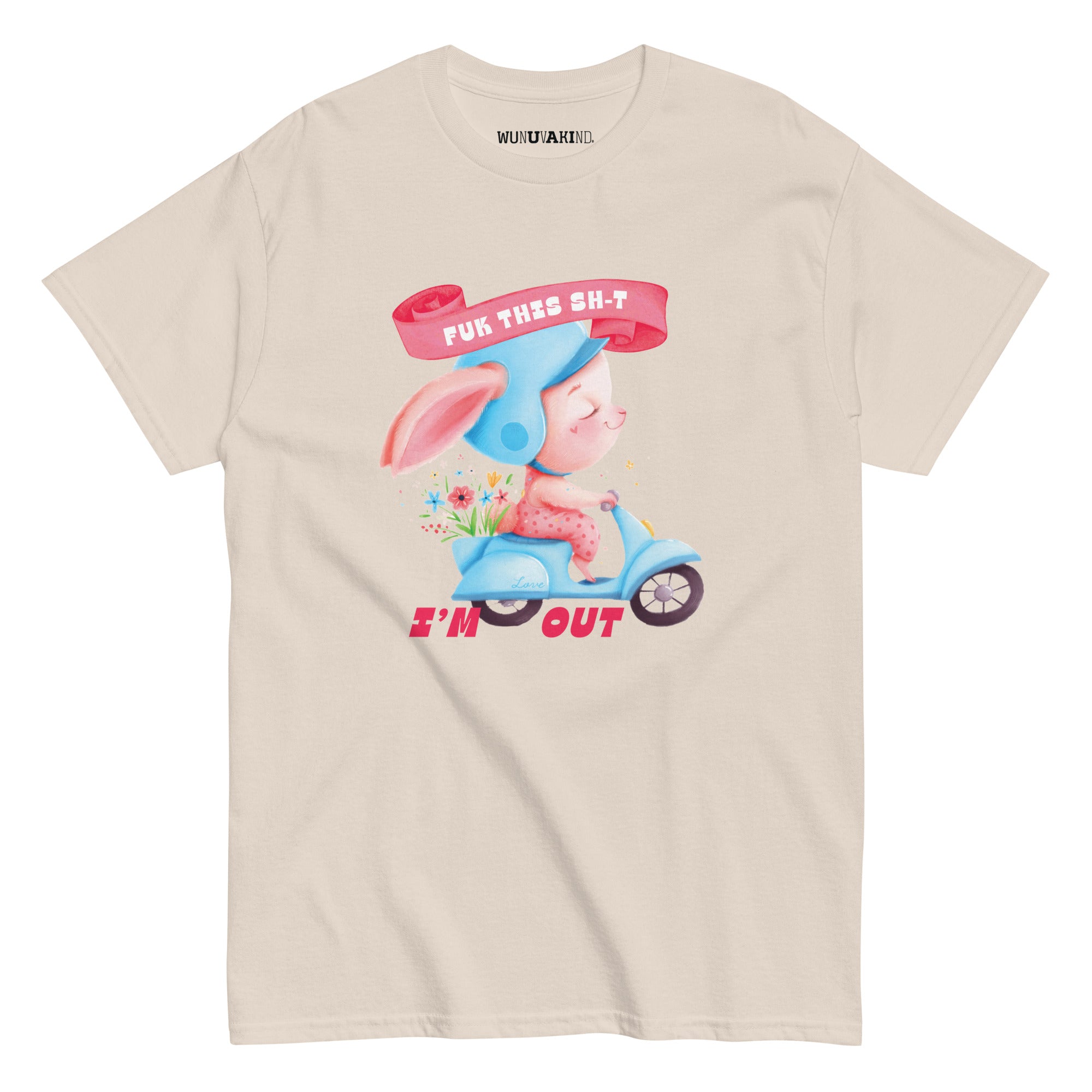 A t-shirt design featuring a cartoon rabbit riding a motorcycle with the text "FUR THIS SHIT I'M OUT" displayed above it.