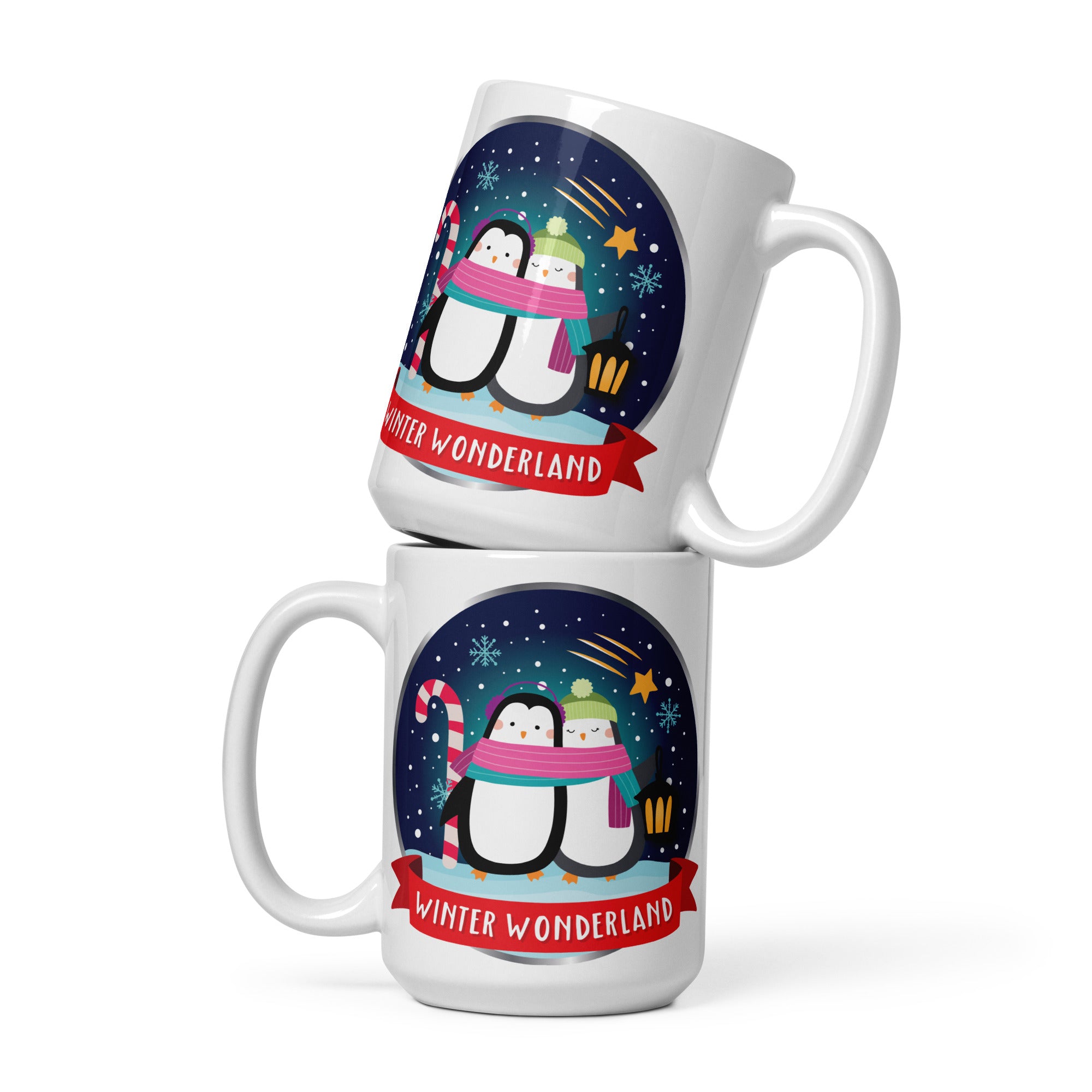 two white coffee mugs with penguins on them