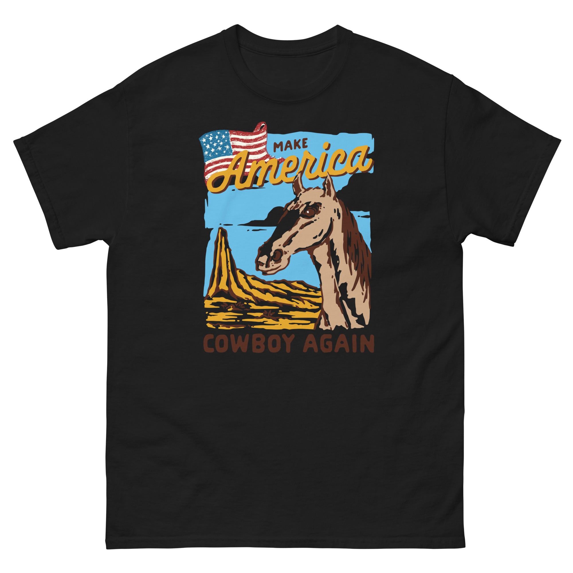 a black t - shirt with an image of a cowboy horse