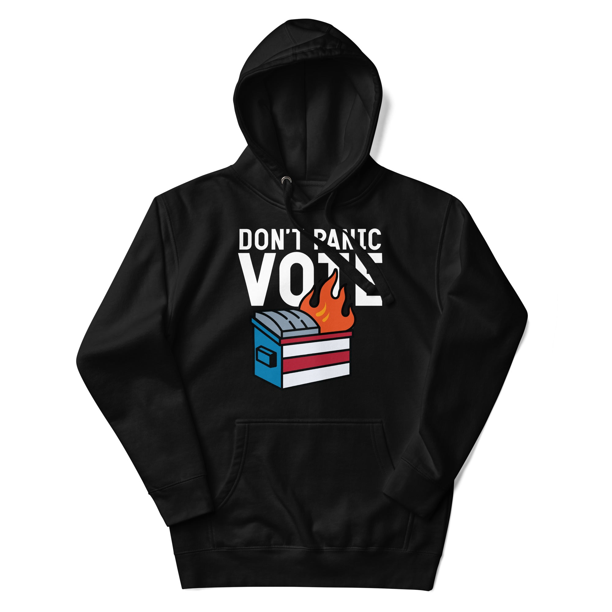 a black hoodie with the words don't panic vote on it