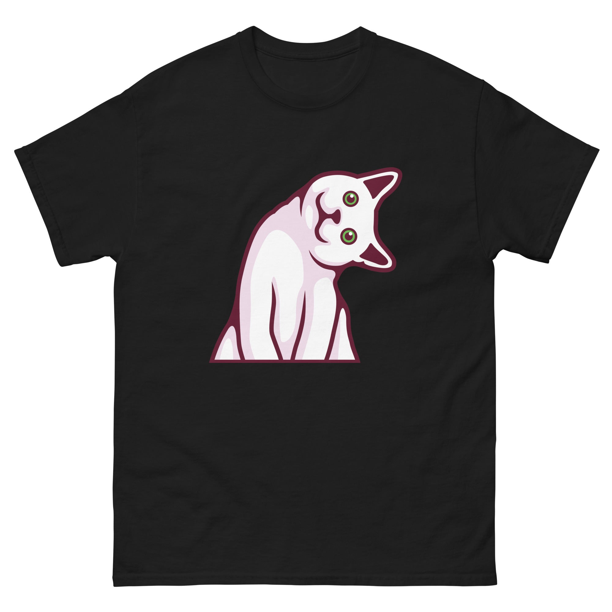 a black t - shirt with a white cat on it