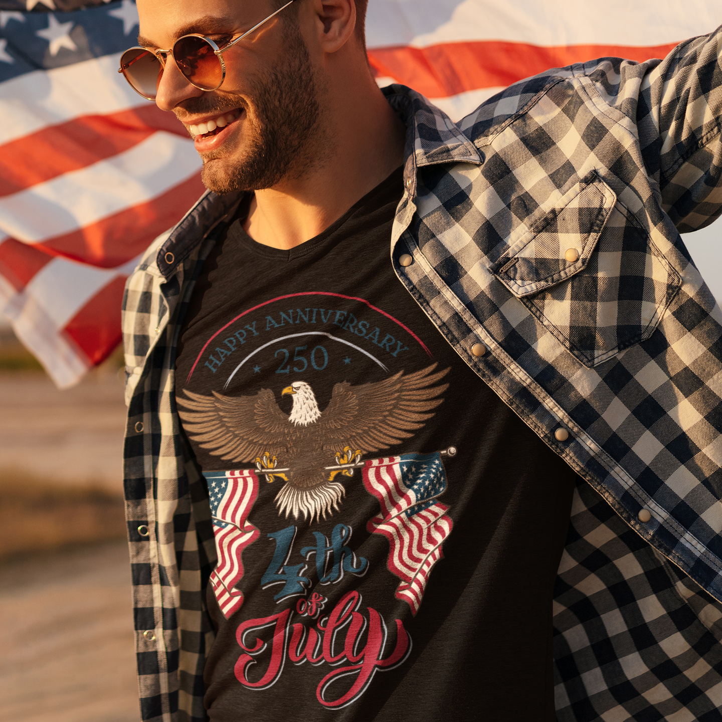 a man in a flannel shirt is holding an american flag