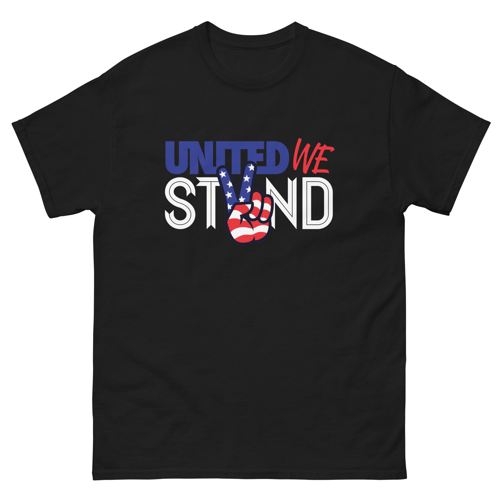 a black united we stand t - shirt with the american flag on it