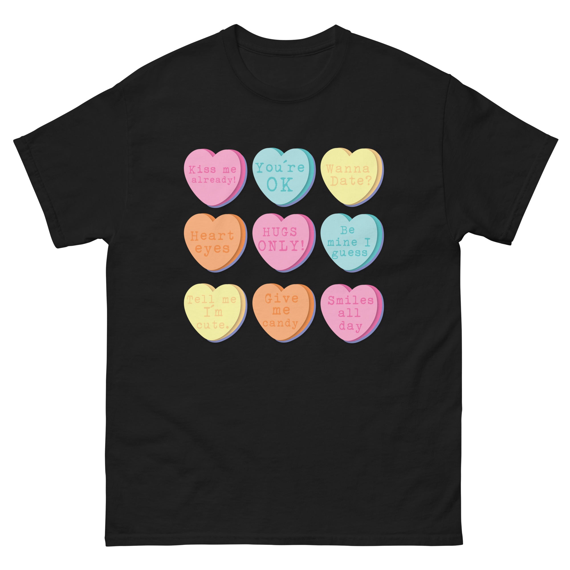 a black t - shirt with a bunch of hearts on it