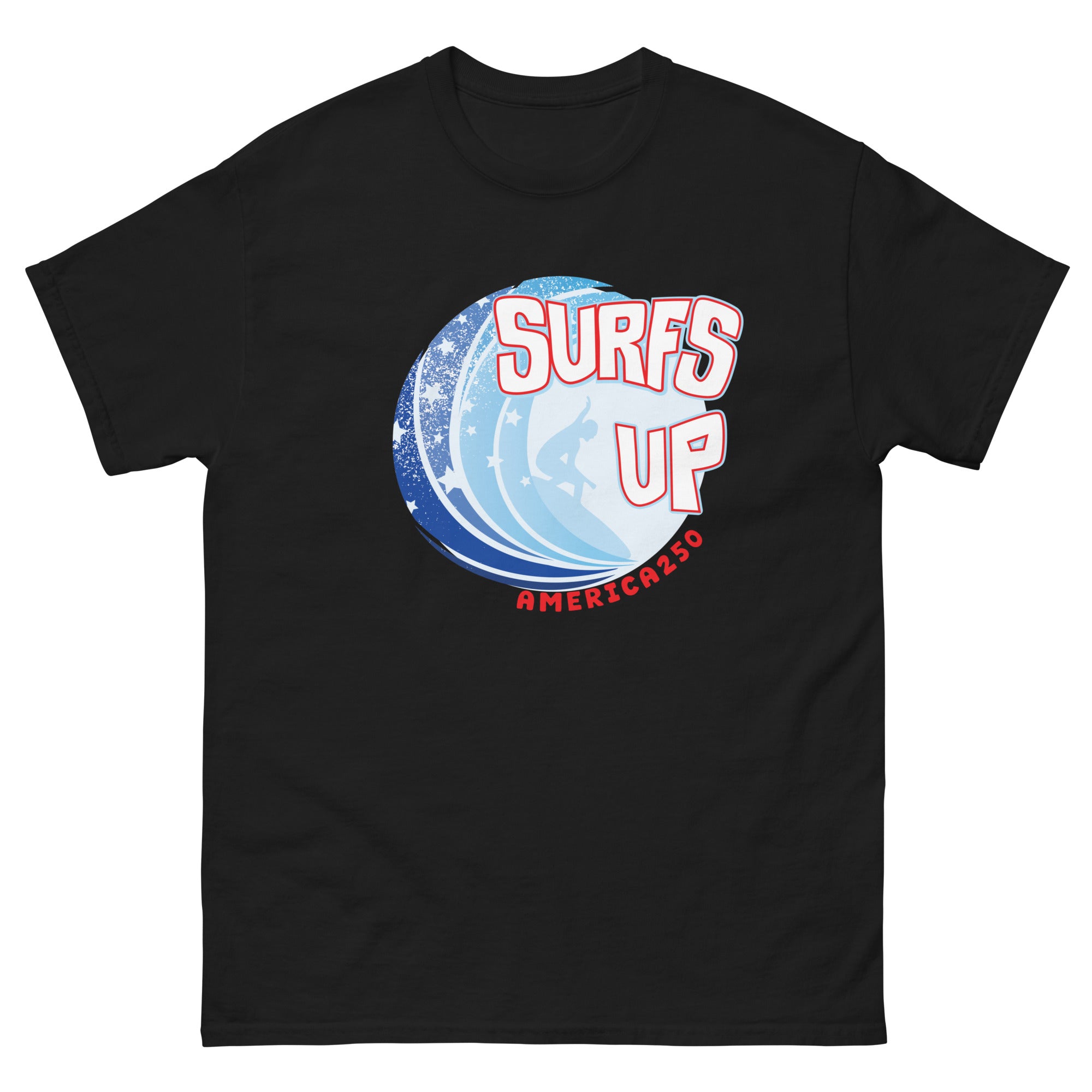 a black shirt with the words surfs up on it