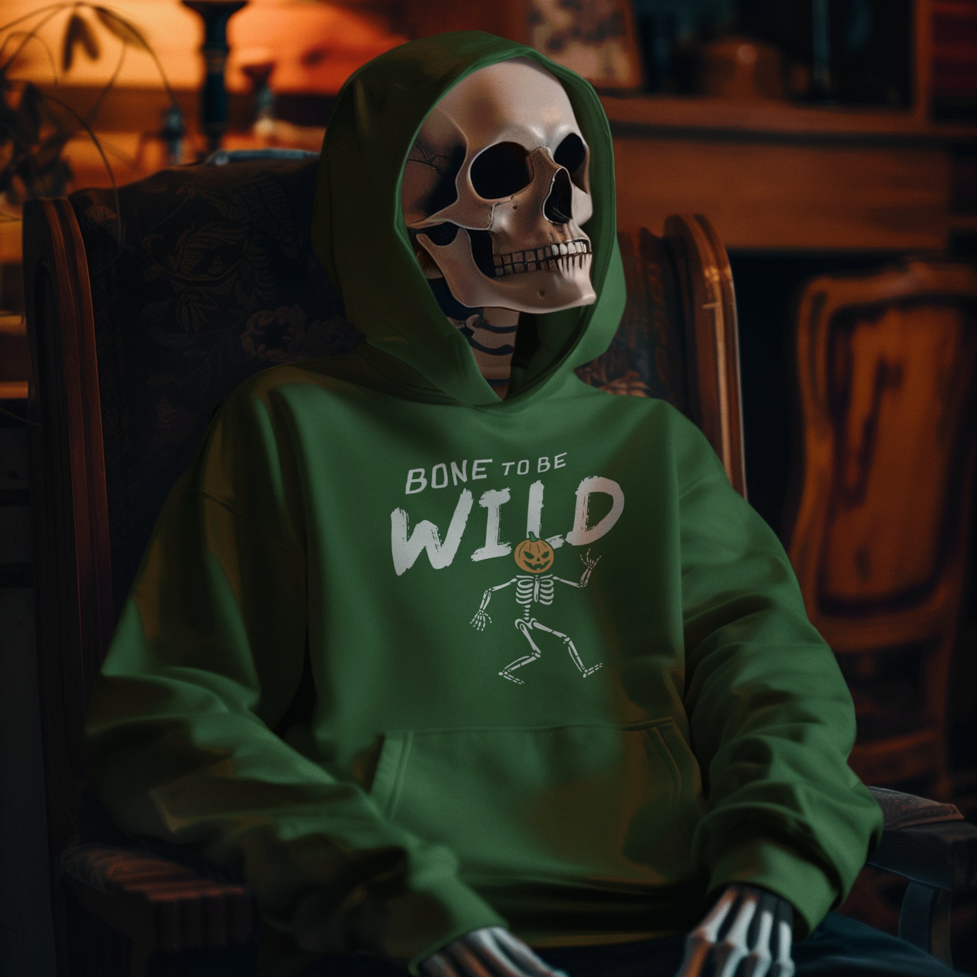 a skeleton sitting in a chair wearing a green hoodie