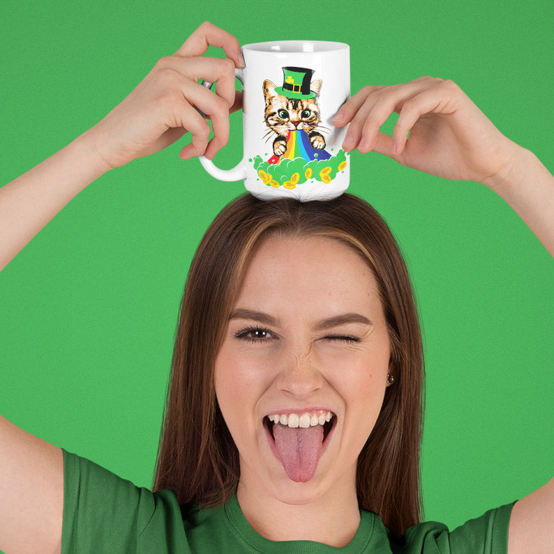 a woman holding a coffee mug on top of her head