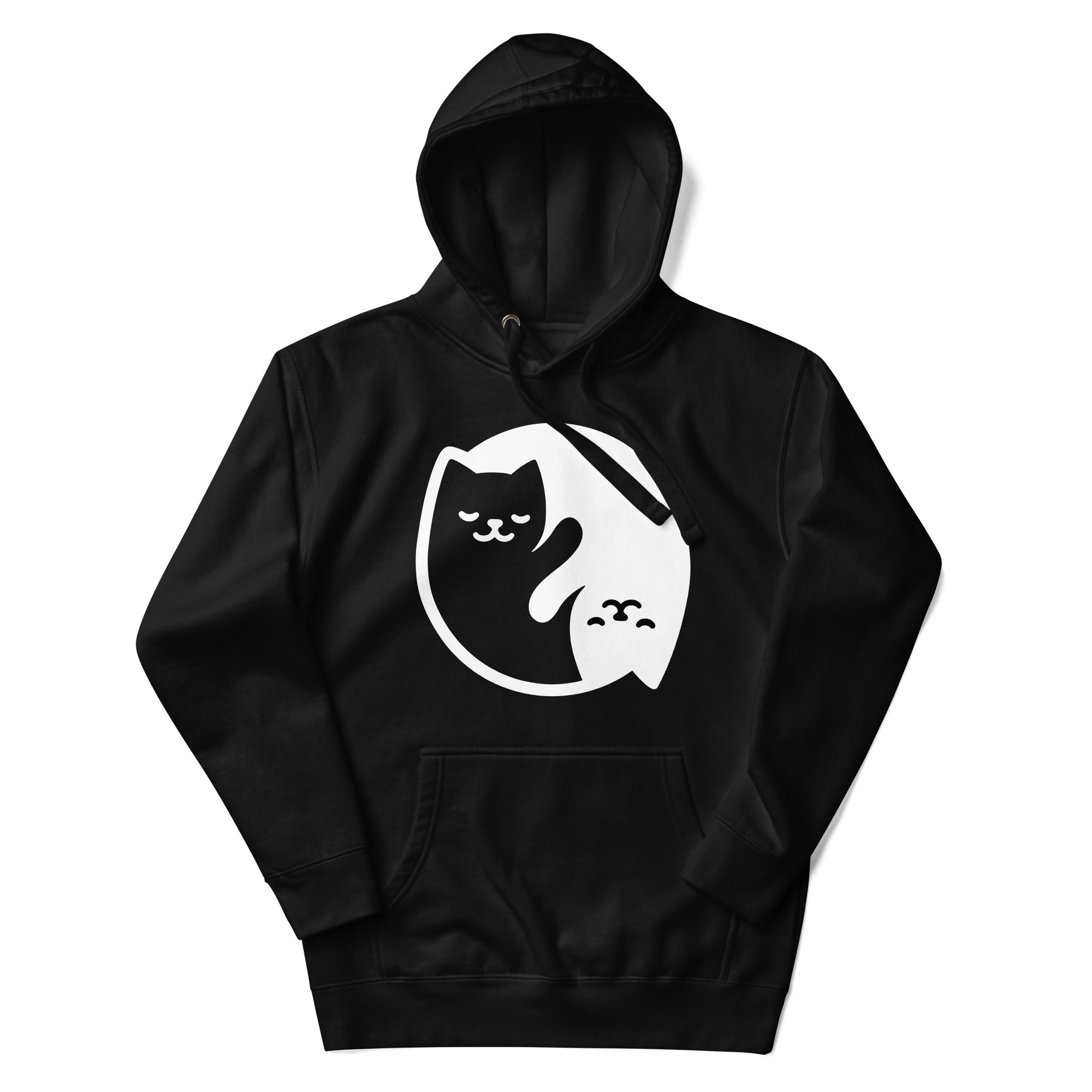 a black hoodie with a white cat on it