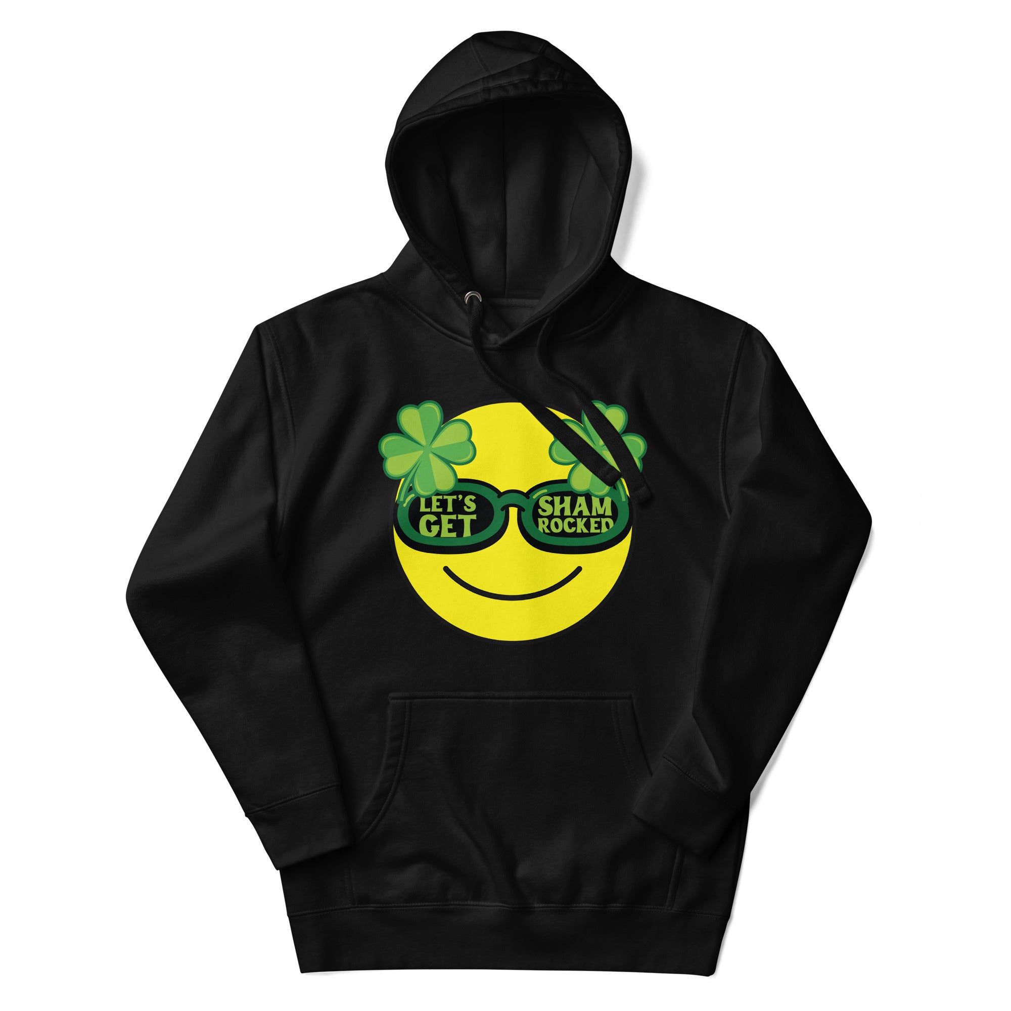 a black hoodie with a smiley face and shamrock glasses