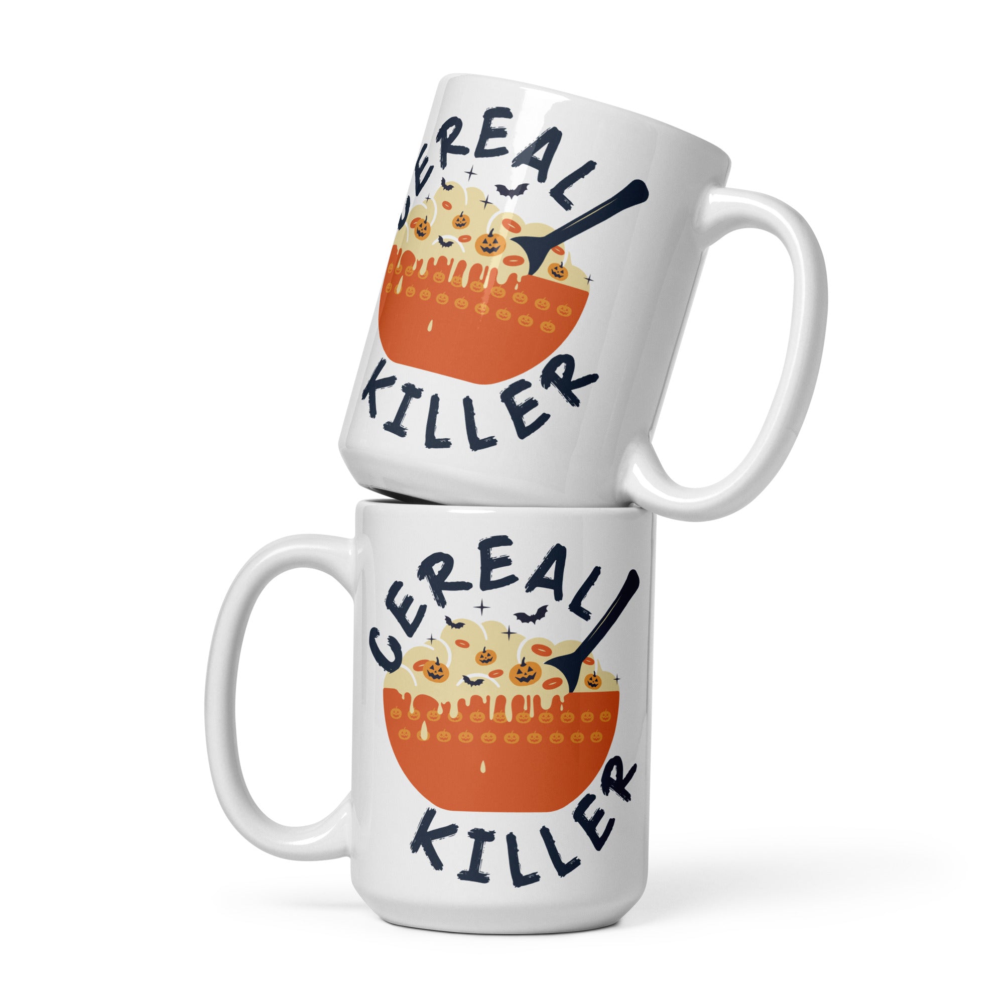 two coffee mugs with cereal on them