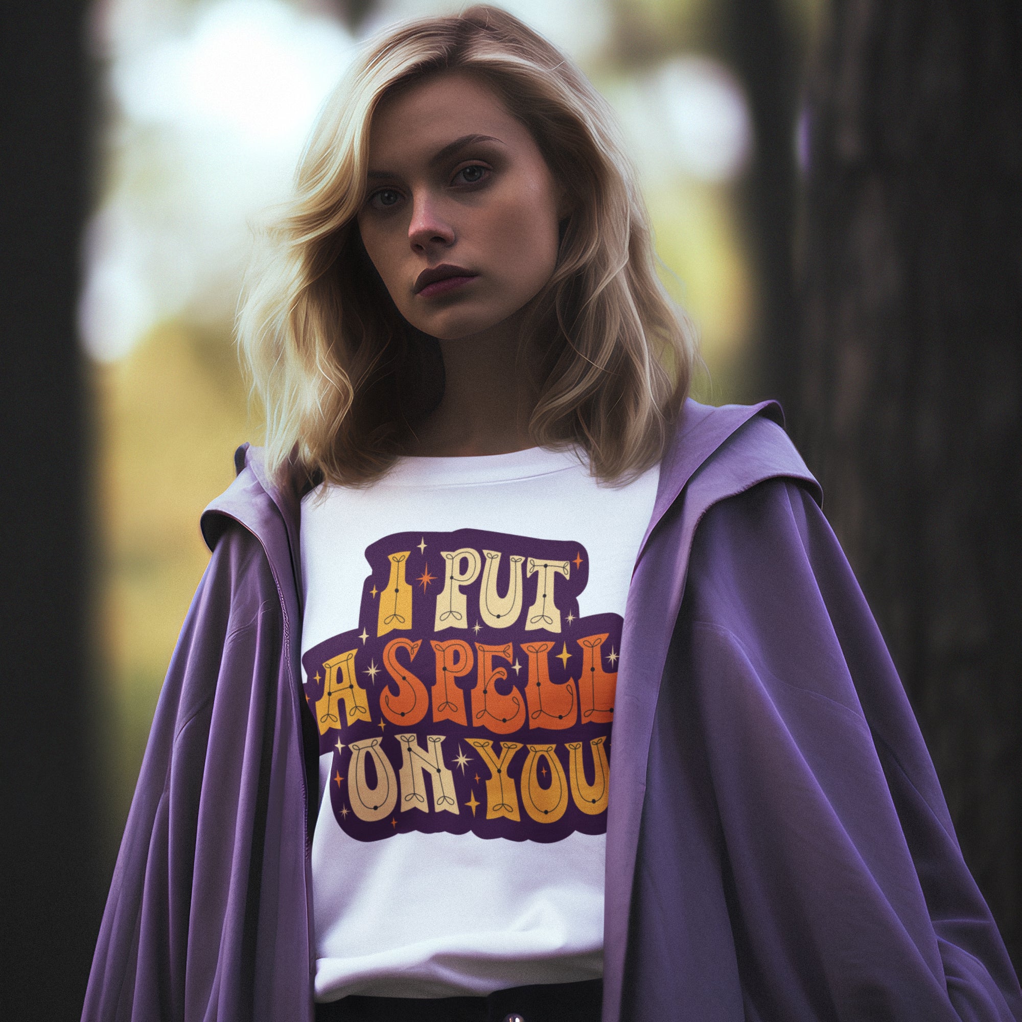 a woman wearing a purple cape and t - shirt